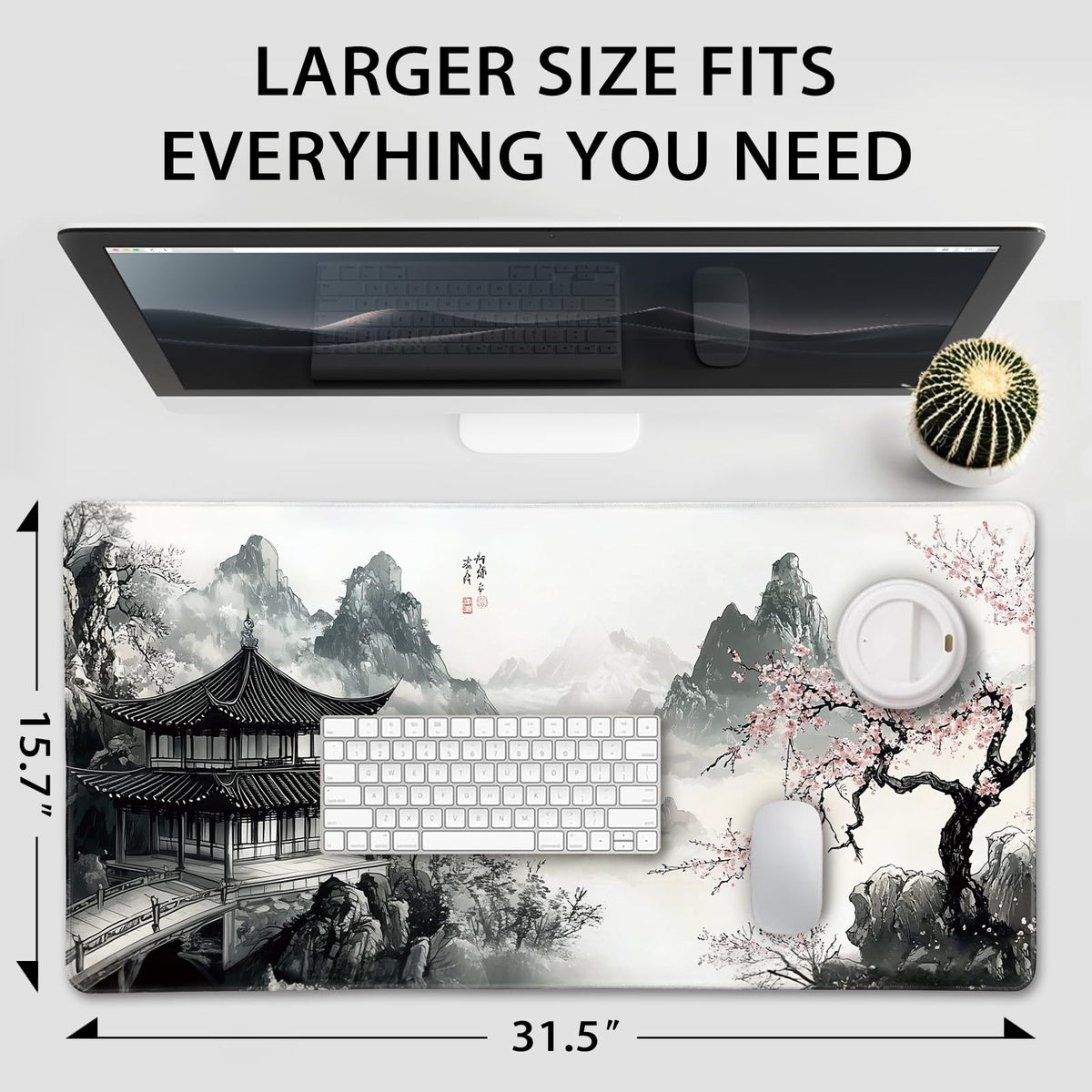 Mcapirivo Japanese B&W Cherry Blossoms Gaming Mouse Pad Desk Mat 31.5"x15.7