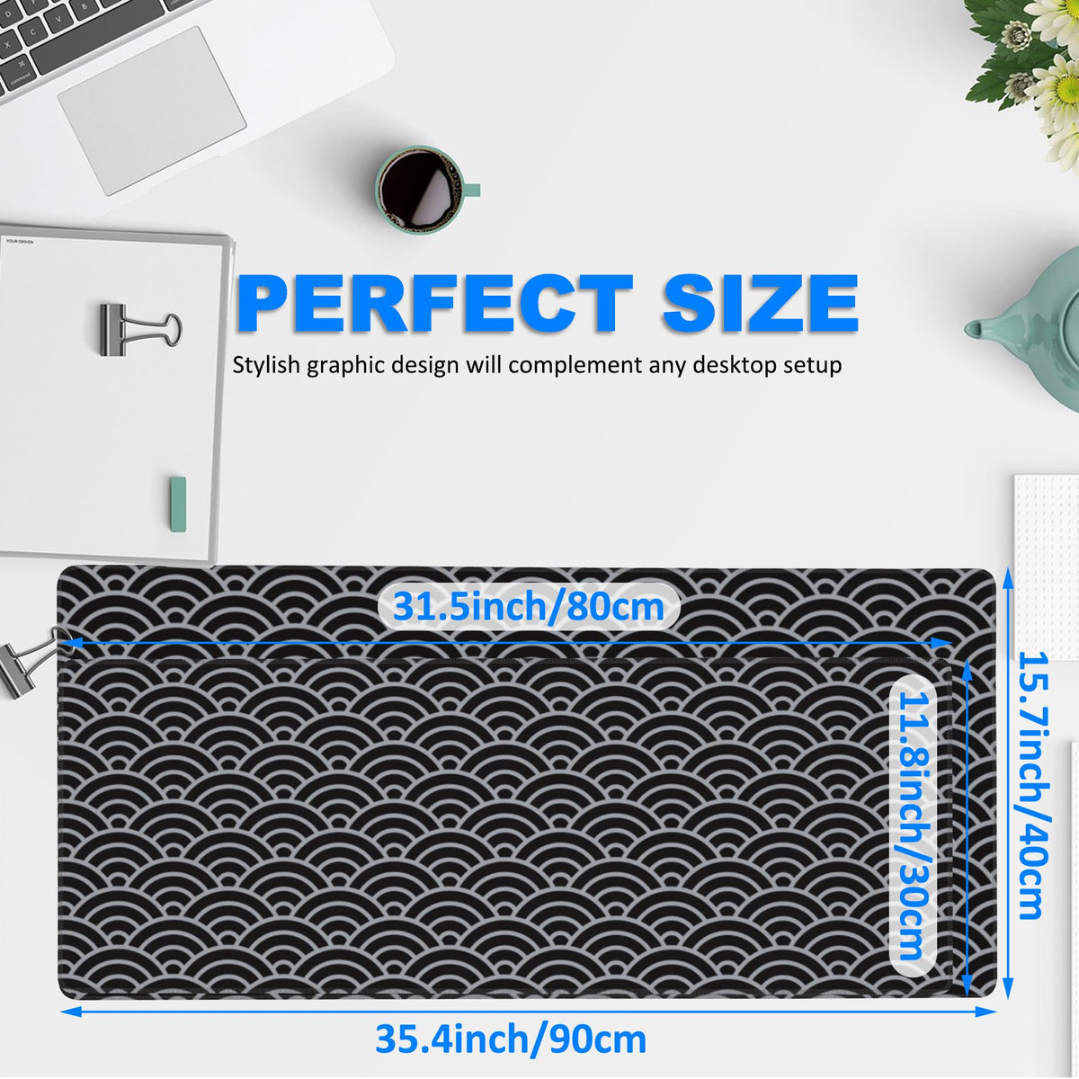 Desk Pad, Black and Silver Fan-Shaped Waves Extended Gaming Mouse Pad Large, 31.5"x11.8" Big Mouse