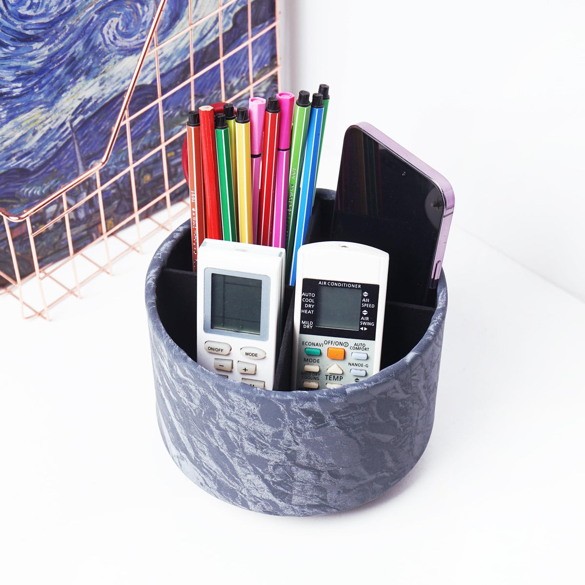 Hennaja Round Leather Art Supply Organizer,Remote Control Holder,360 Degree