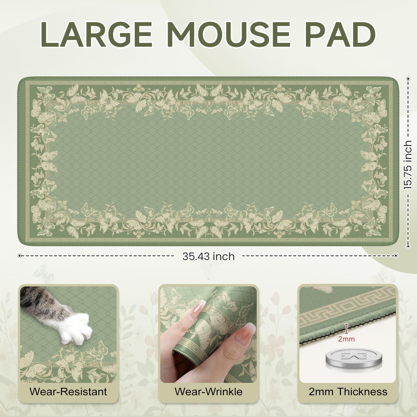 iCasso Floral Desk Mat for Keyboard and Mouse,Cute Mouse Pad,Light Green