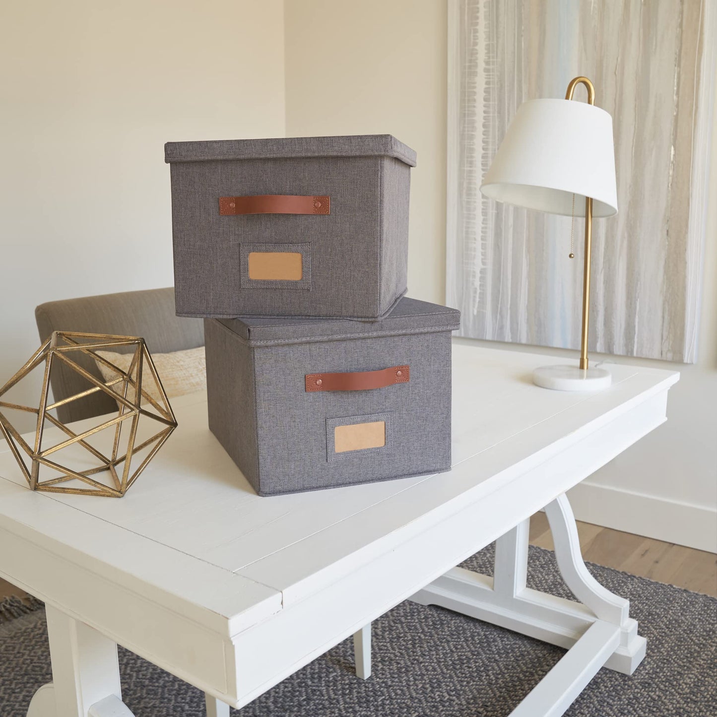 Decorative File Organizer Box Set of 2 - Collapsible Linen Filing Cabinets
