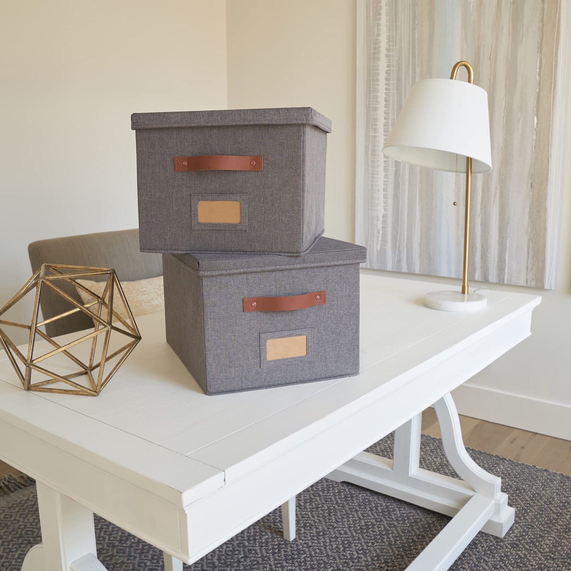Decorative File Organizer Box Set of 2 - Collapsible Linen Filing Cabinets