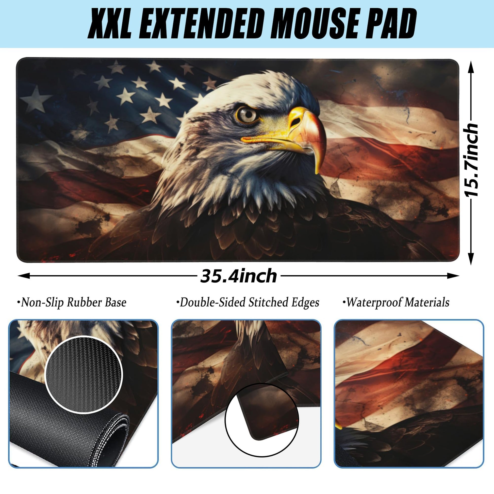 Desk Mat,American Bald Eagle Large Gaming Mouse Pad for Desk XXL,USA Flag Eagle Desk Pad,Extended