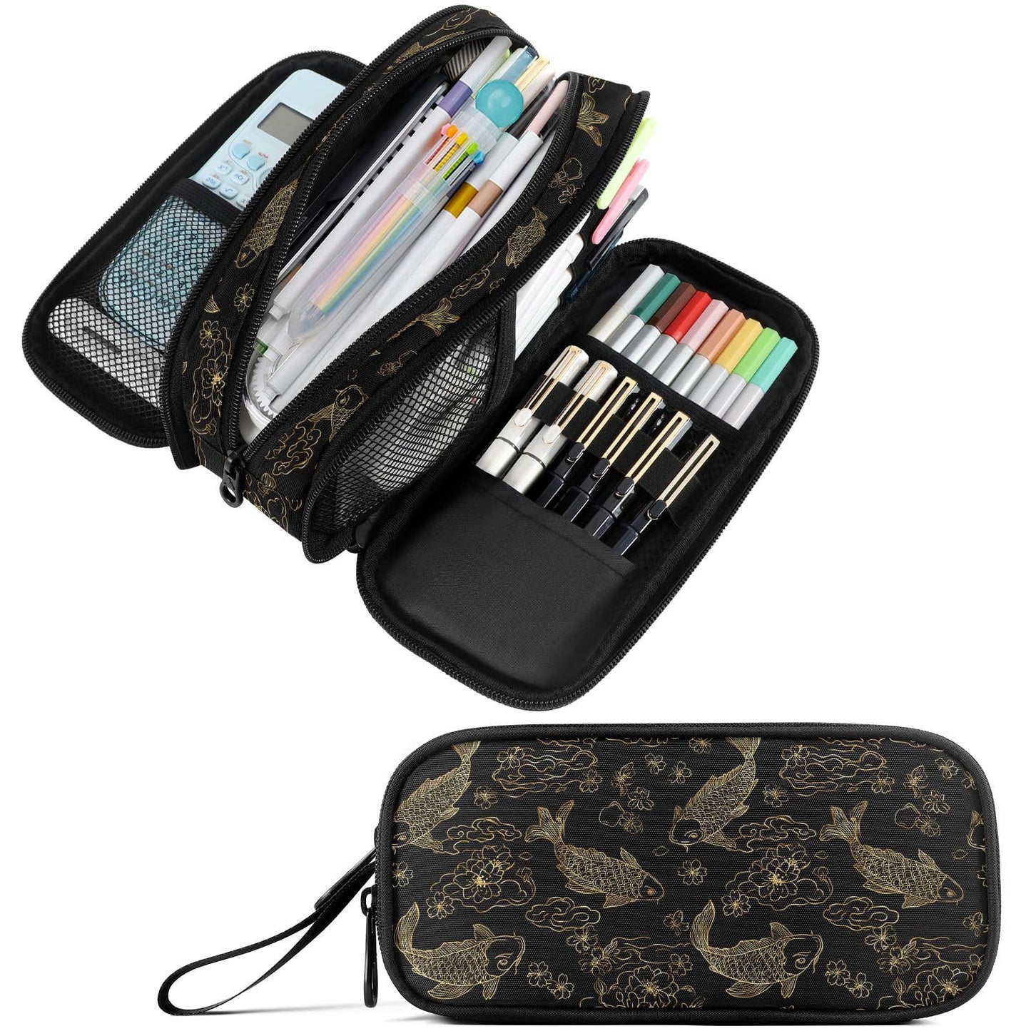Fustylead Koi Fish Pencil Pen Case Stationery Bag, 3 Compartments School College Office Desk