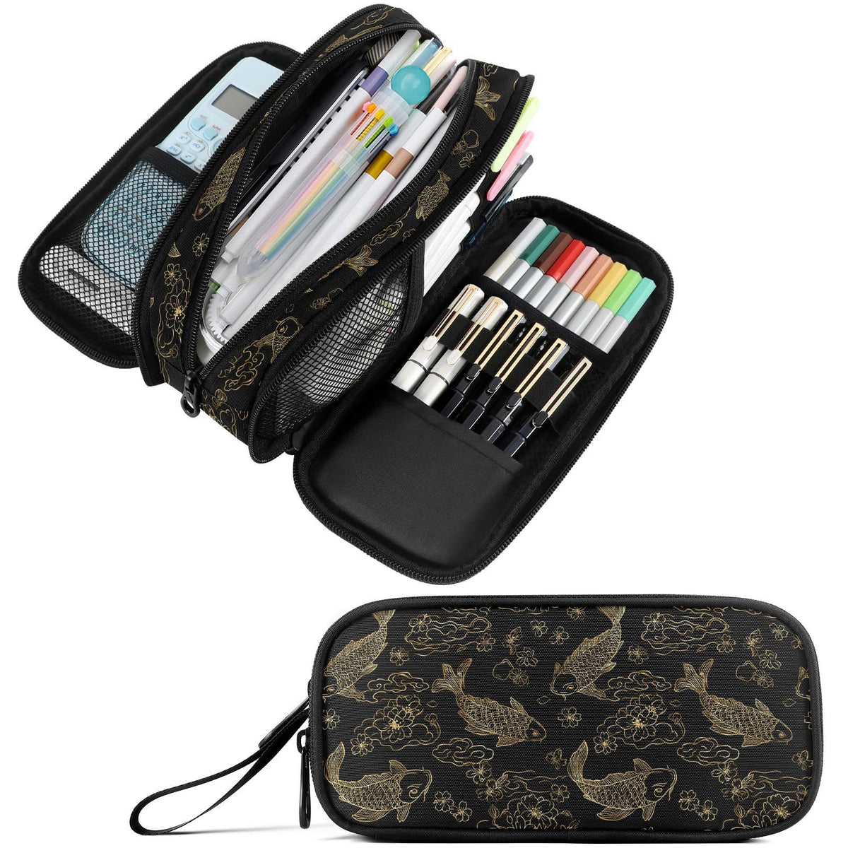 Fustylead Koi Fish Pencil Pen Case Stationery Bag, 3 Compartments School College Office Desk