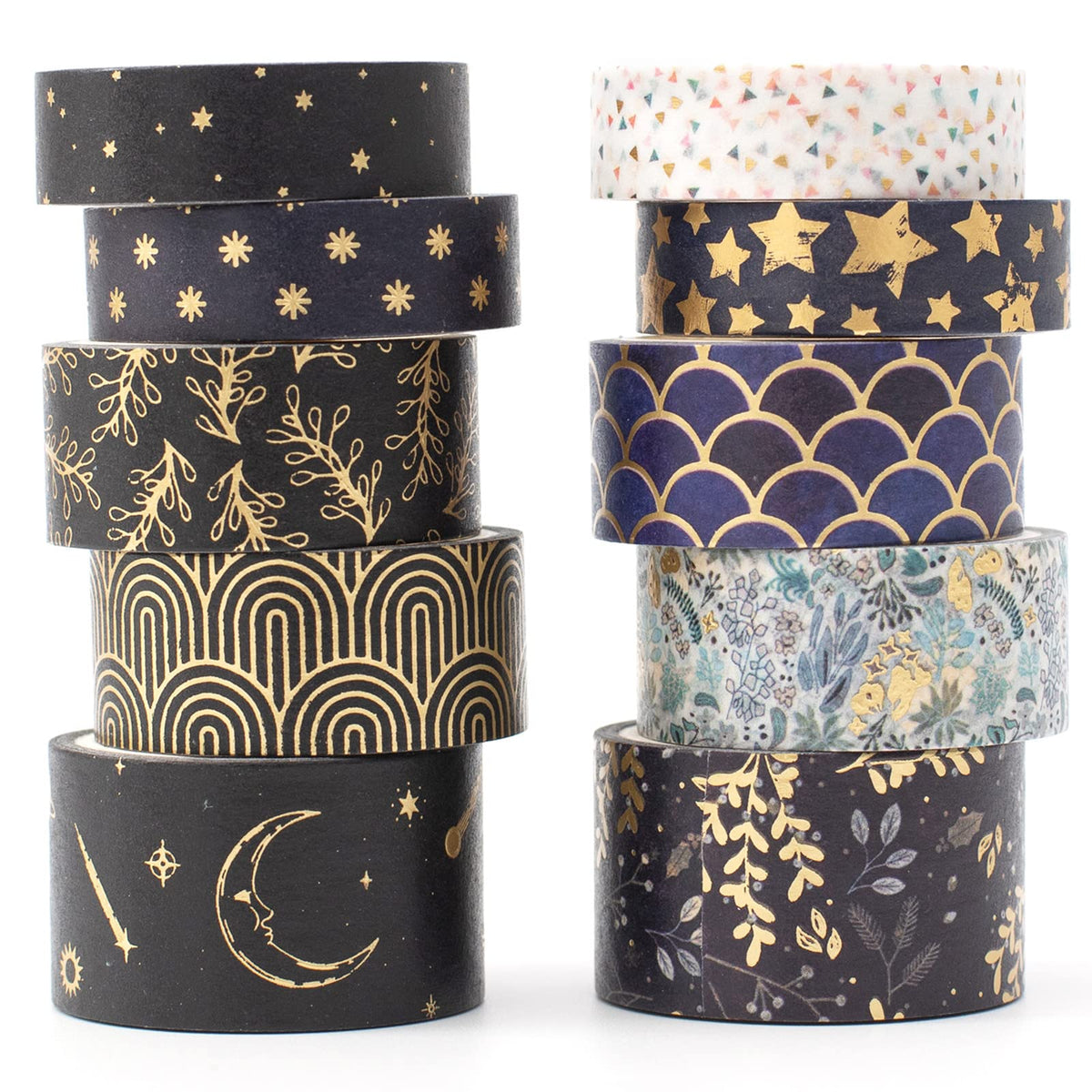 YUBX Creative Washi Tape Set 10 Rolls Gold Foil Print Decorative Masking Tapes for Arts, DIY