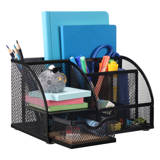 Comix Mesh Pen Pencil Holder Desk Organizer, 7 Compartment Wire Desktop Pen Pencil Cup Caddy Office
