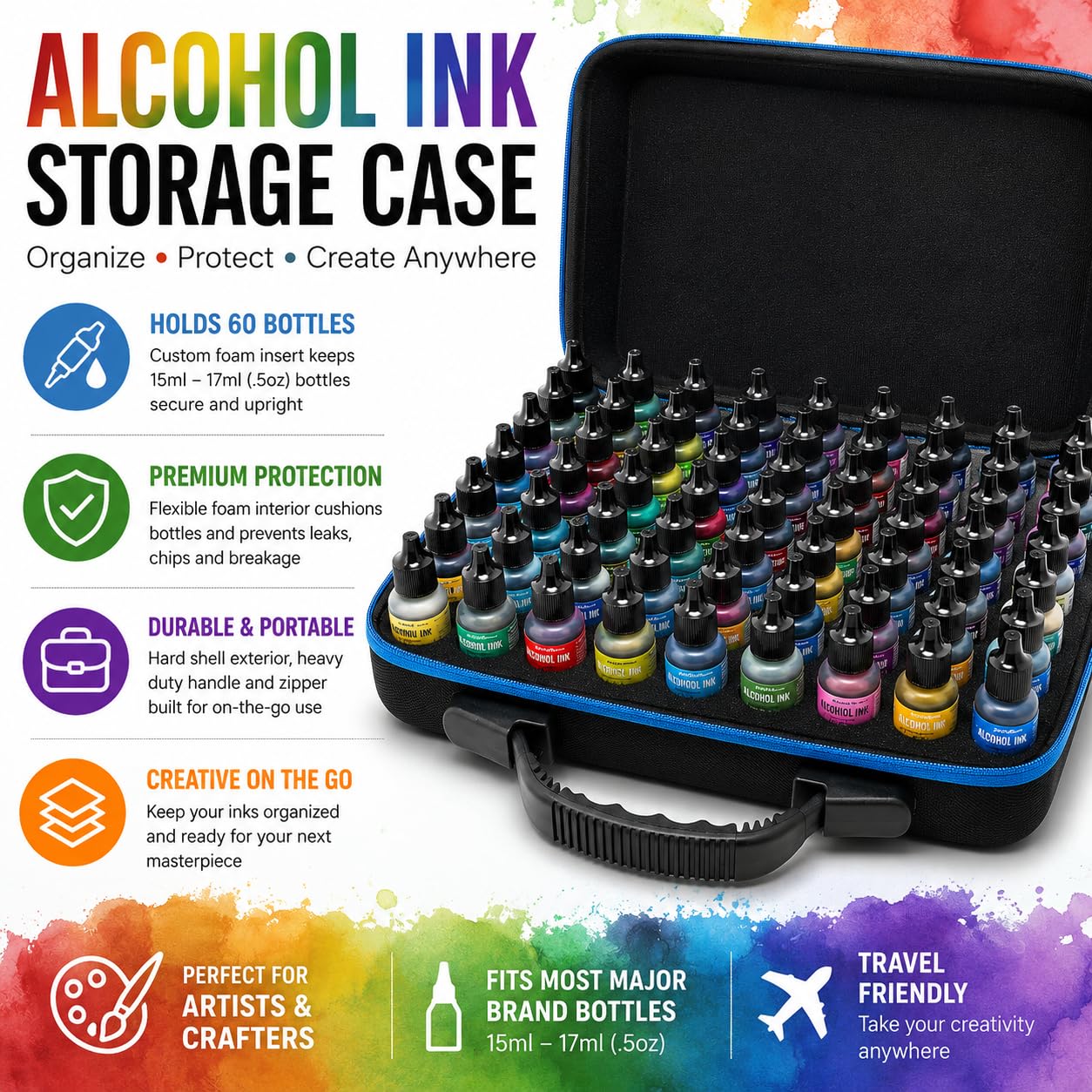 Pixiss Alcohol Ink Storage Carrying Case Organizer, Large Size Stores 60x 0.5-Ounce Bottles of