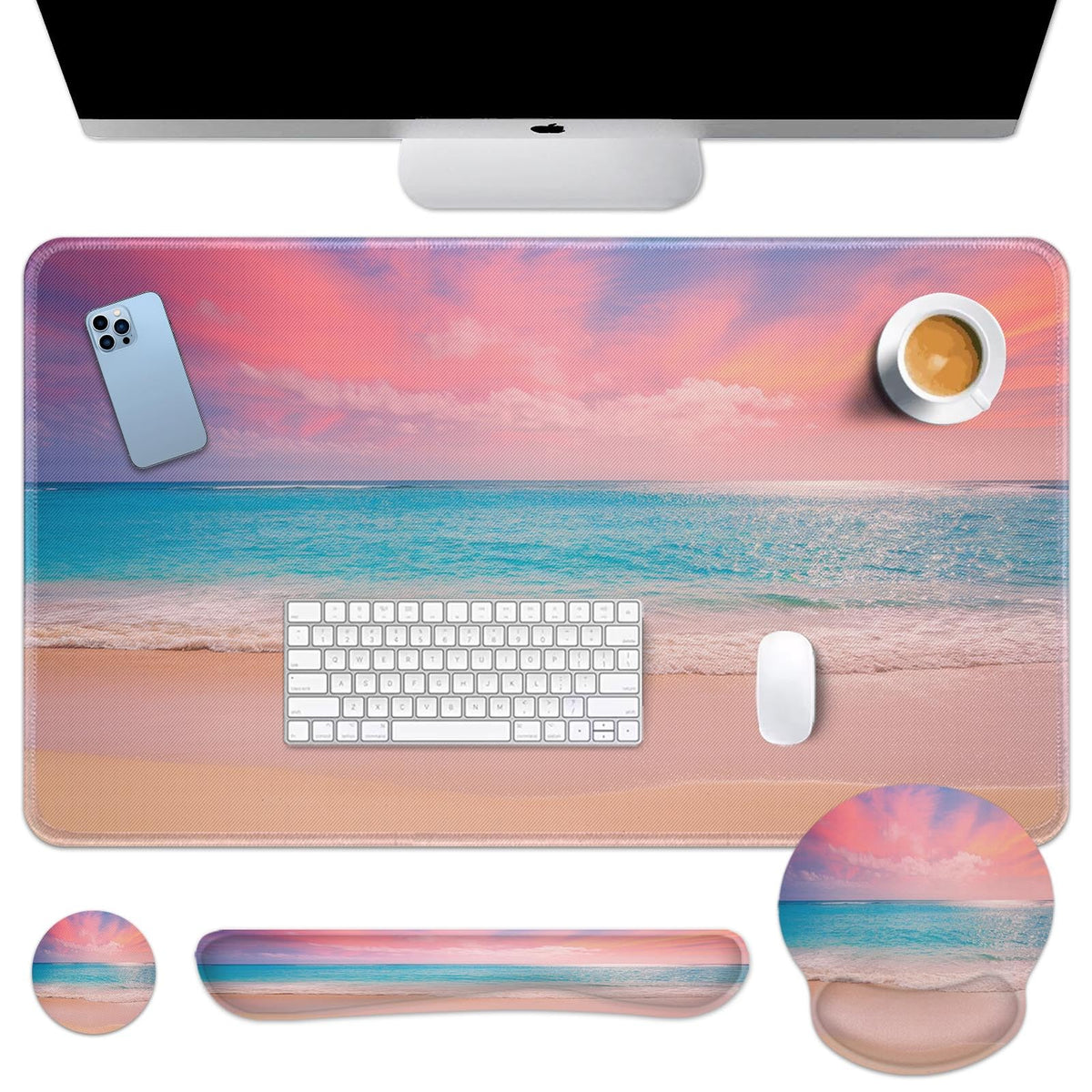 Arttown Keyboard Mouse Pad Set, 4 in 1 Desk Mat Set Beach Ocean Turquoise