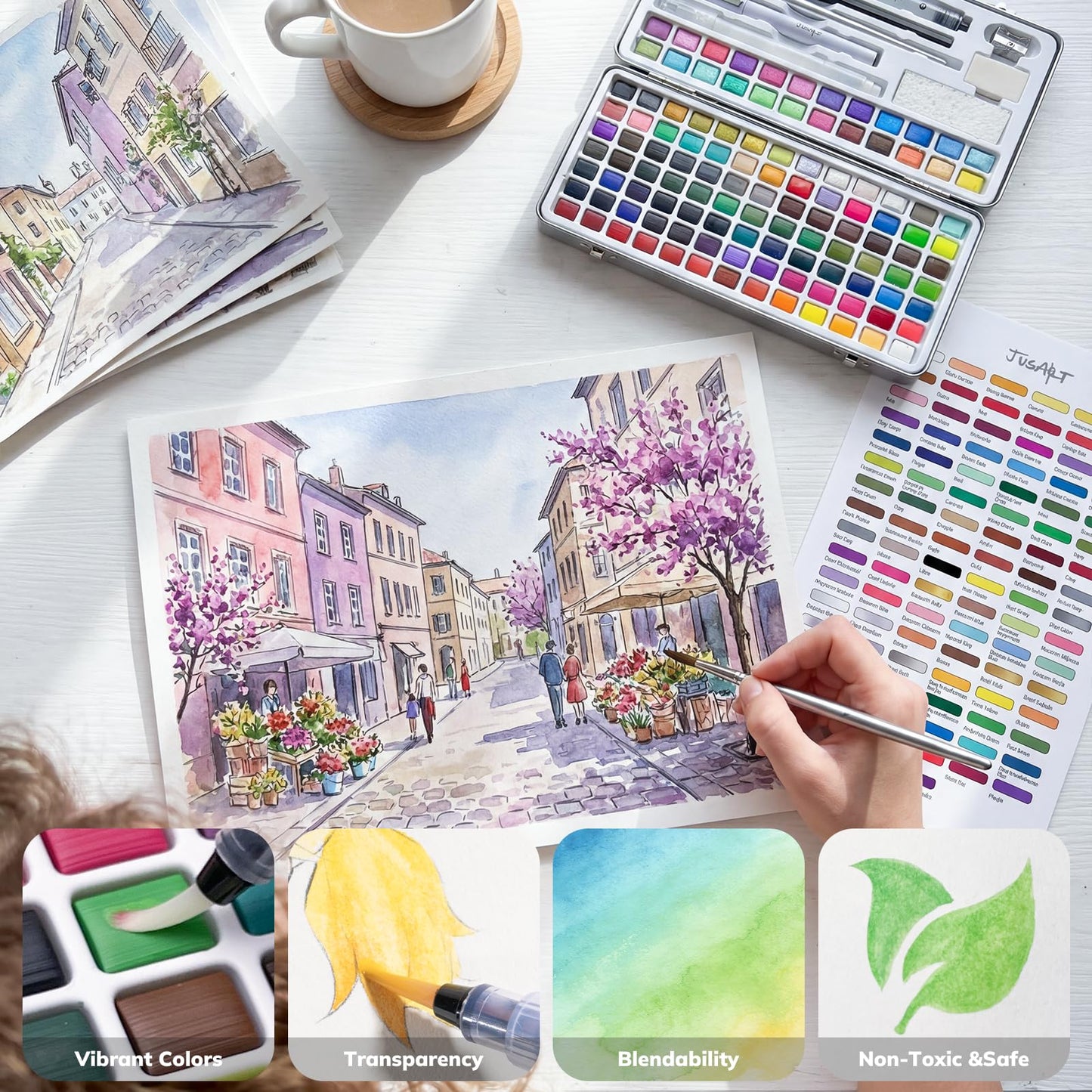 JusArt 108 Colors Watercolor Paint Set,Art Supplies with Metallic Color, Detail Painting Brushes