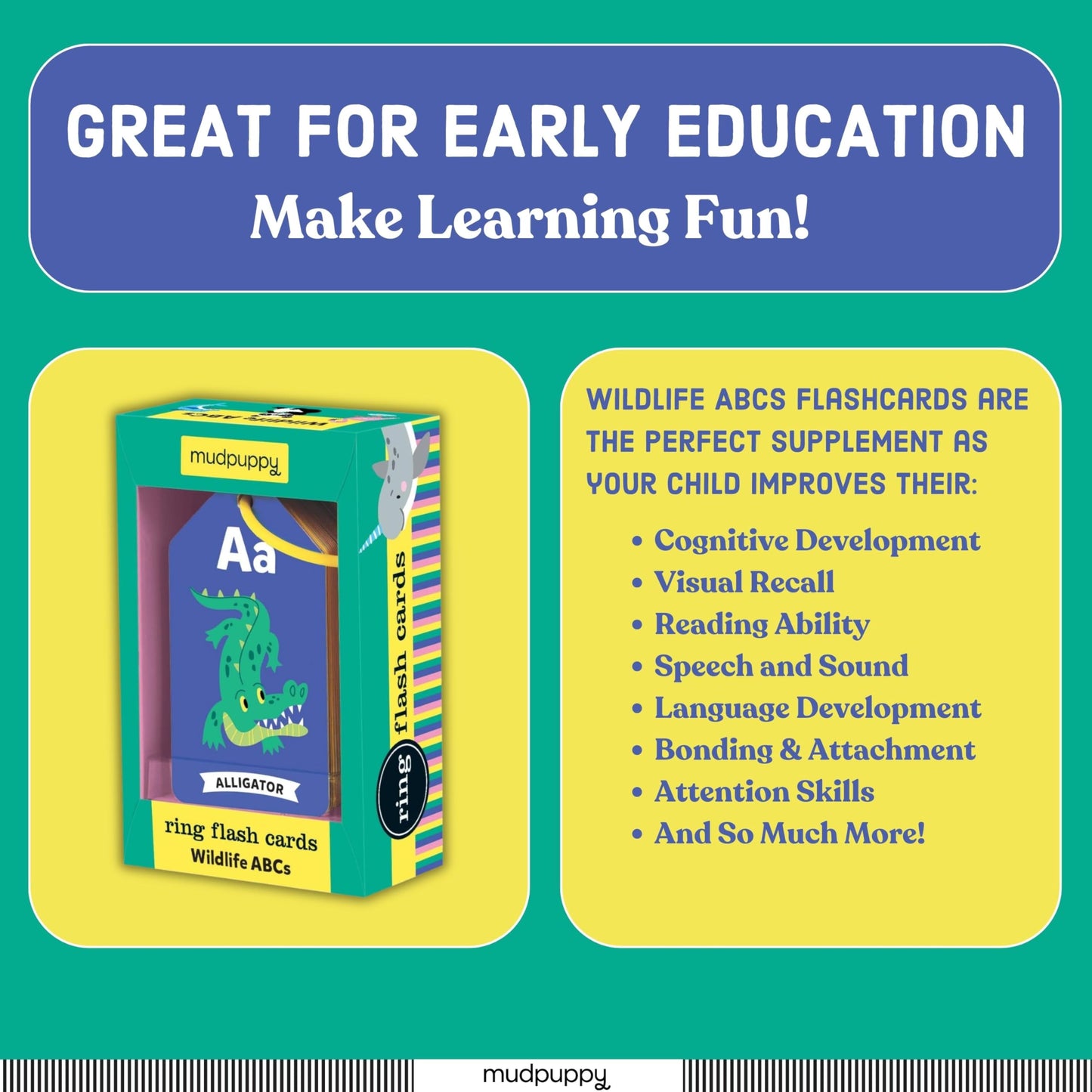 Mudpuppy Wildlife ABCs Ring Flash Cards for Kids - 26 Double-Sided Alphabet Flash Cards on a