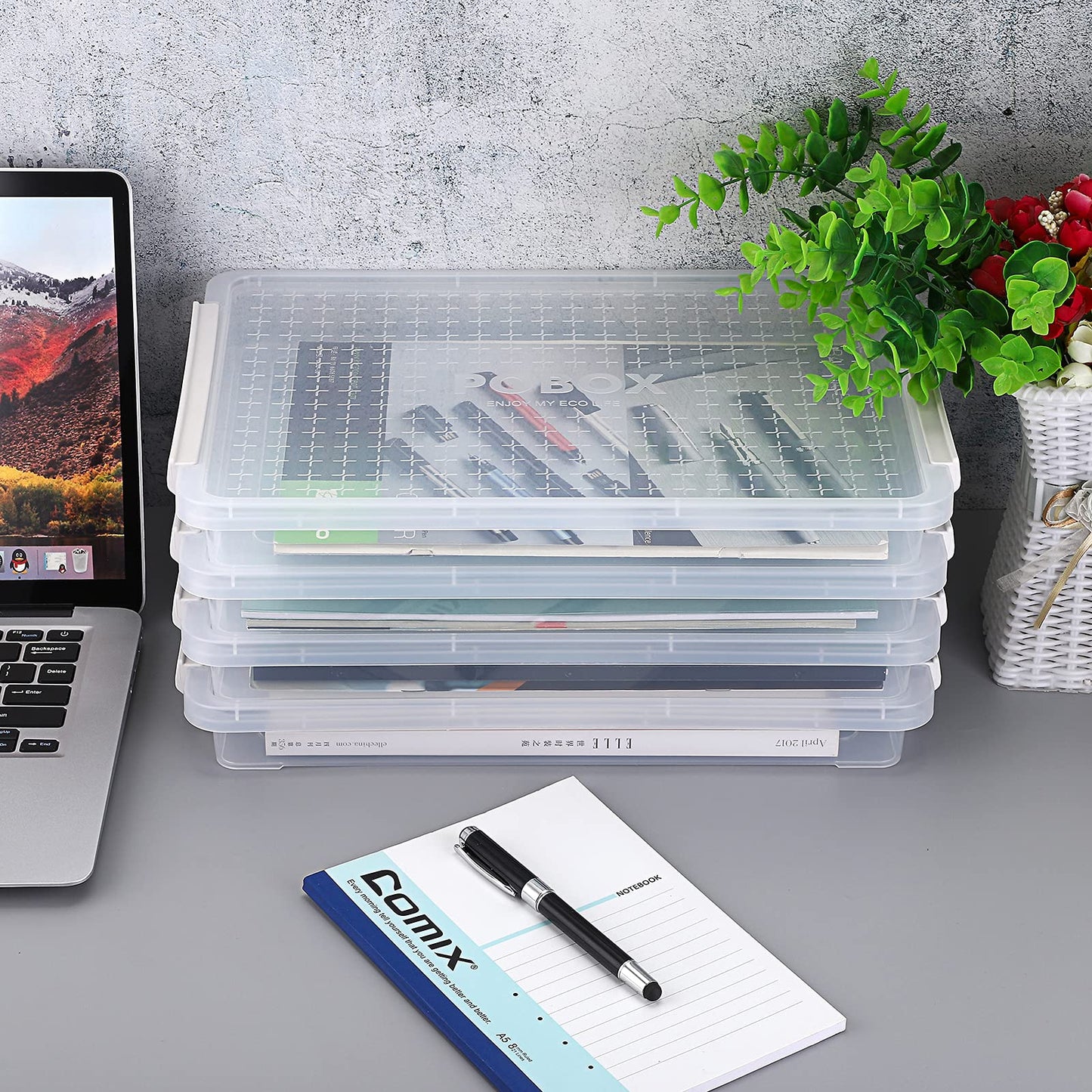 BTSKY 4 Pack A4 Plus Clear Plastic Stackable Storage Box Desk Paper Magazine Container with Buckle