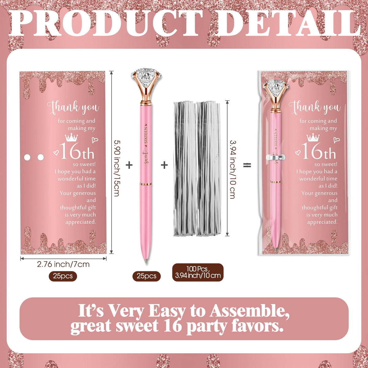 Feifeiya 25 Sets Sweet 16th Party Favors Pens with Thank You Cards, Diamond