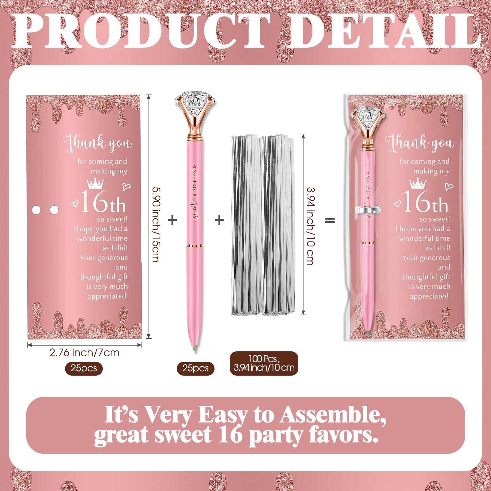 Feifeiya 25 Sets Sweet 16th Party Favors Pens with Thank You Cards, Diamond