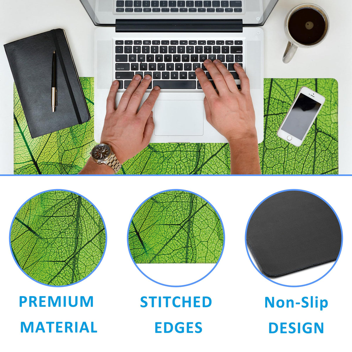 EOBKLAX Green Foliage Texture Desk Mat,Large Gaming Mouse Pad,Non-Slip Rubber Base Desk Pad with