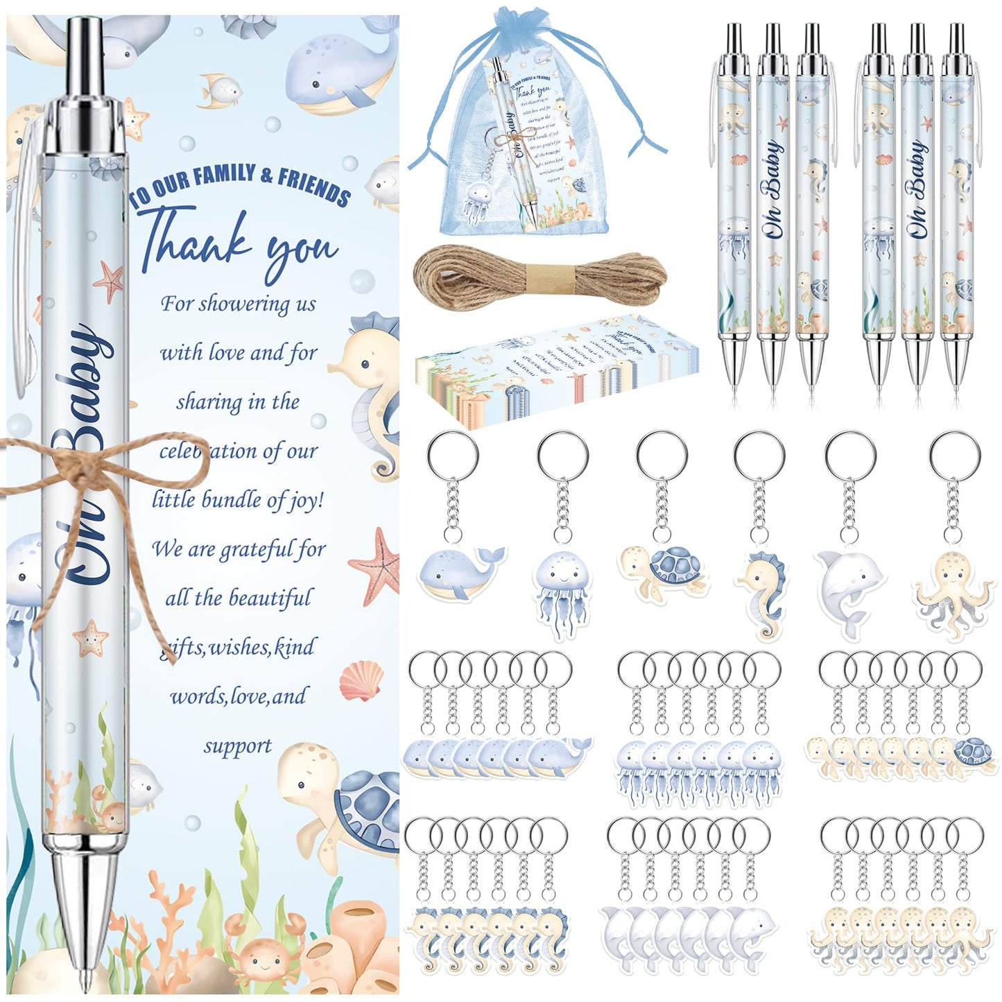 145 Pieces Under the Sea Baby Shower Favors for Guest Ocean Animal Ballpoint Pens and Keychains