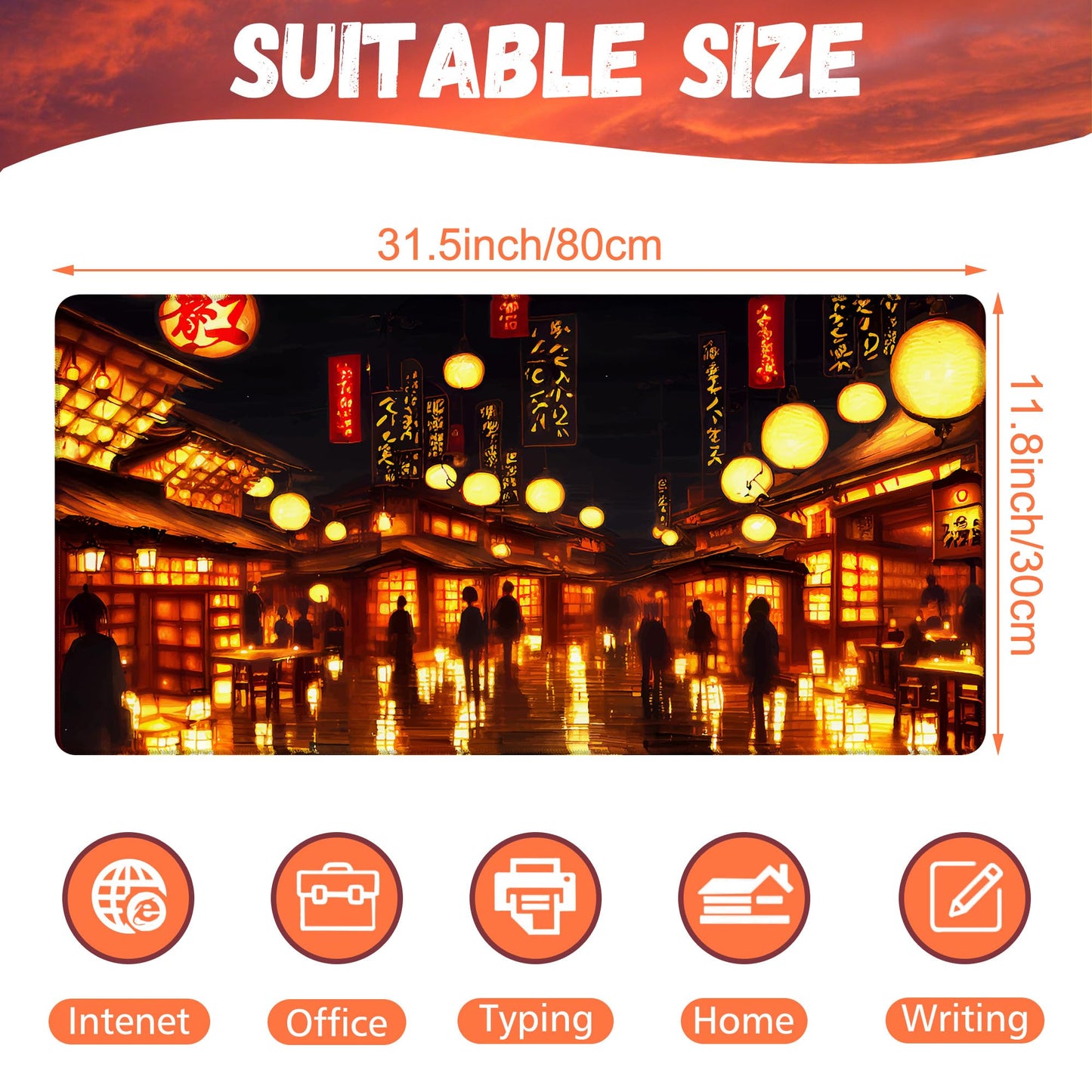 KOAIWPAE Desk Mat, City Lantern Night Scene Desk Pad, Japanese Traditional House Large Gaming Mouse