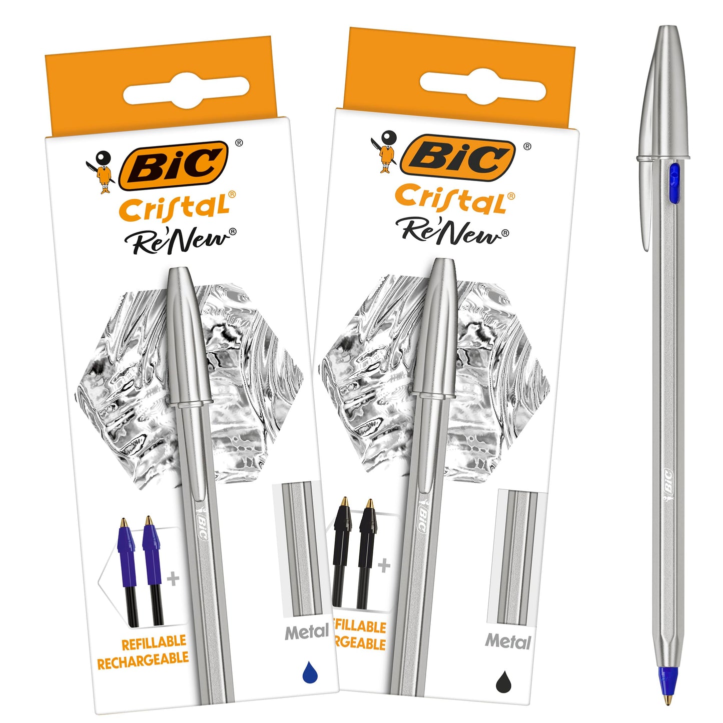 BIC Cristal Re'New, Premium Refillable Ballpoint Pen, in Black and Blue, Pack of 2 Including 2