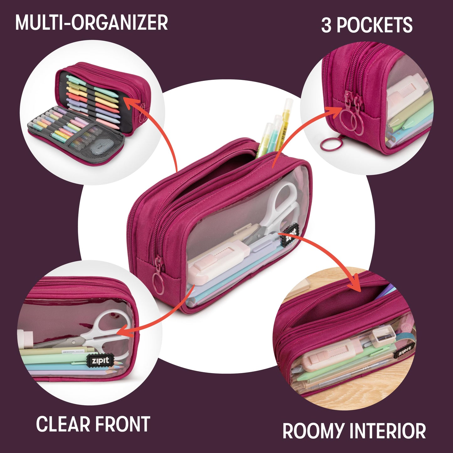 ZIPIT Half & Half Pencil Case for Girls, 3-Compartment Zipper Pouch