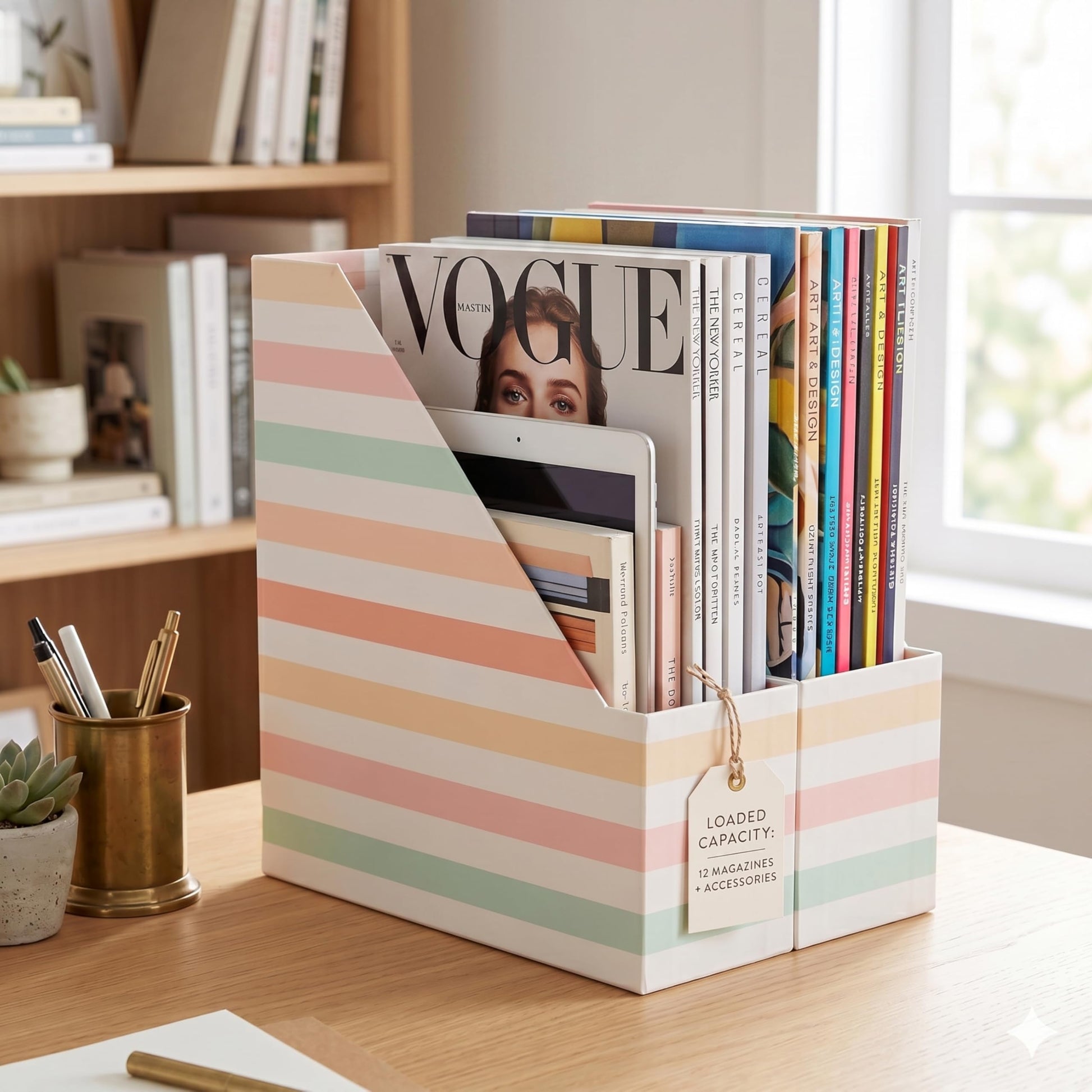 BLU MONACO | Cardboard Magazine File Holder Set of 4 | Vertical Magazine File Holder with Gold