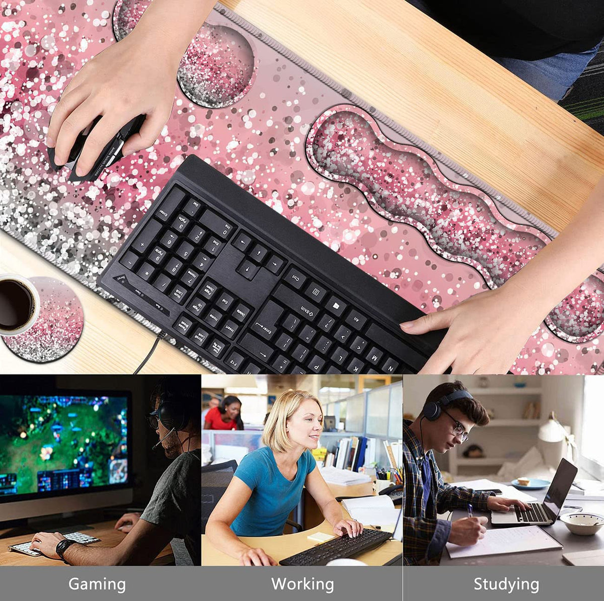 Pink Mouse Pad,Keyboard Mouse Pad Set,Extended Gaming Mouse Pad + Memory Foam Keyboard Wrist Rest