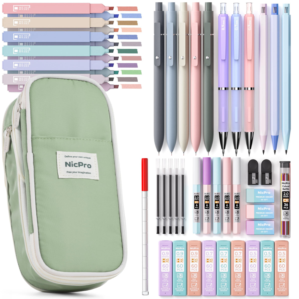 Nicpro School Supplies Stationary Set with Pencil Case, 50 PCS Green