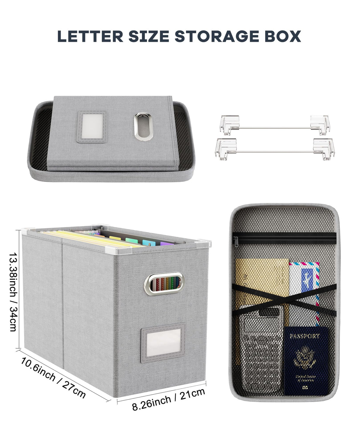 Oterri File Organizer with Lid, Hanging Filing Box with Mesh Pocket, Document Organizer for Letter