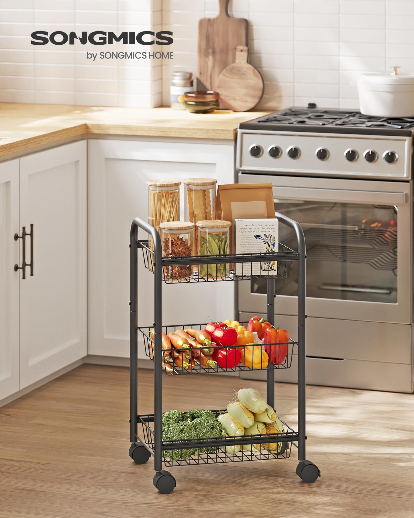 SONGMICS 3-Tier Steel Rolling Cart with Removable Baskets