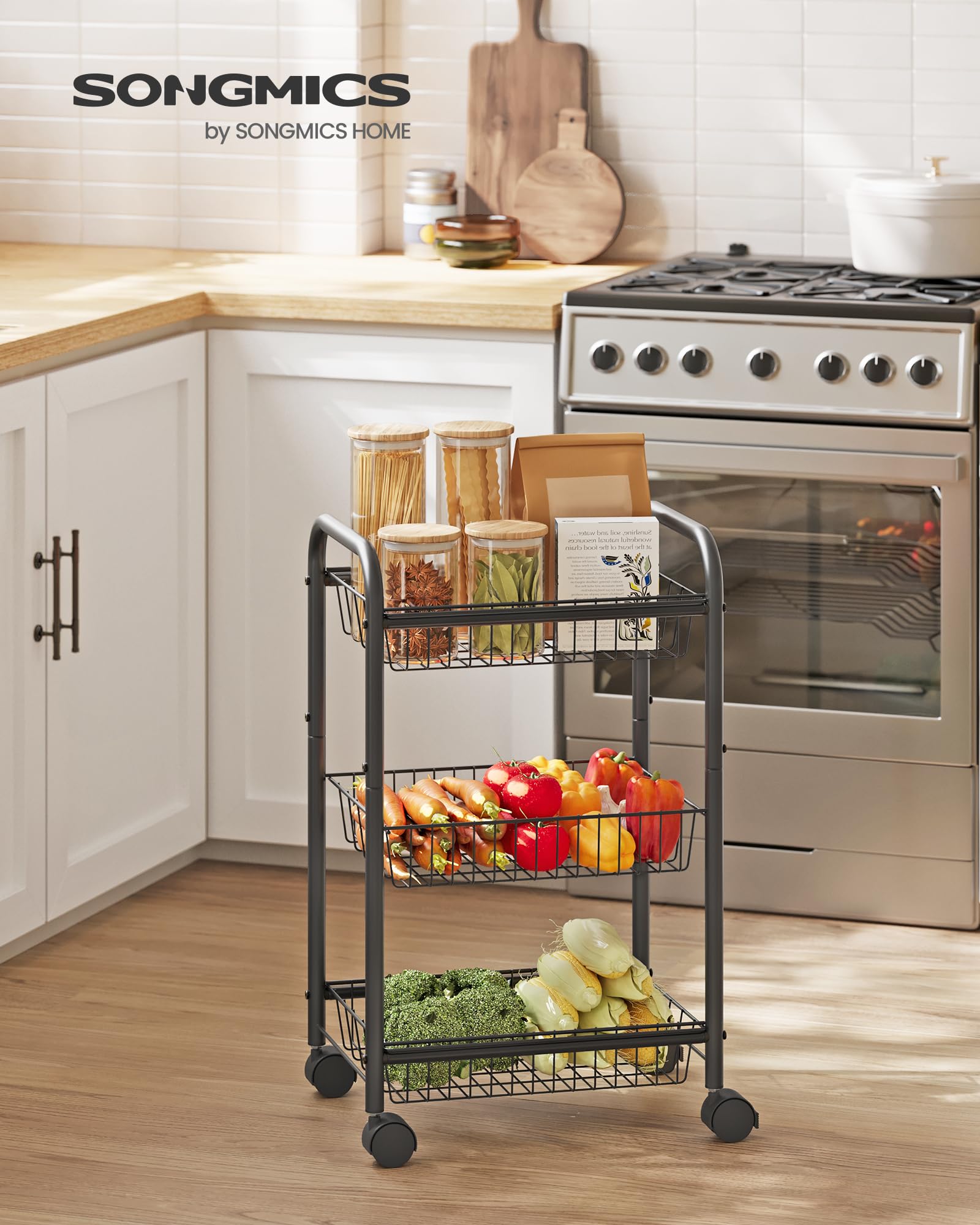 SONGMICS 3-Tier Steel Rolling Cart with Removable Baskets