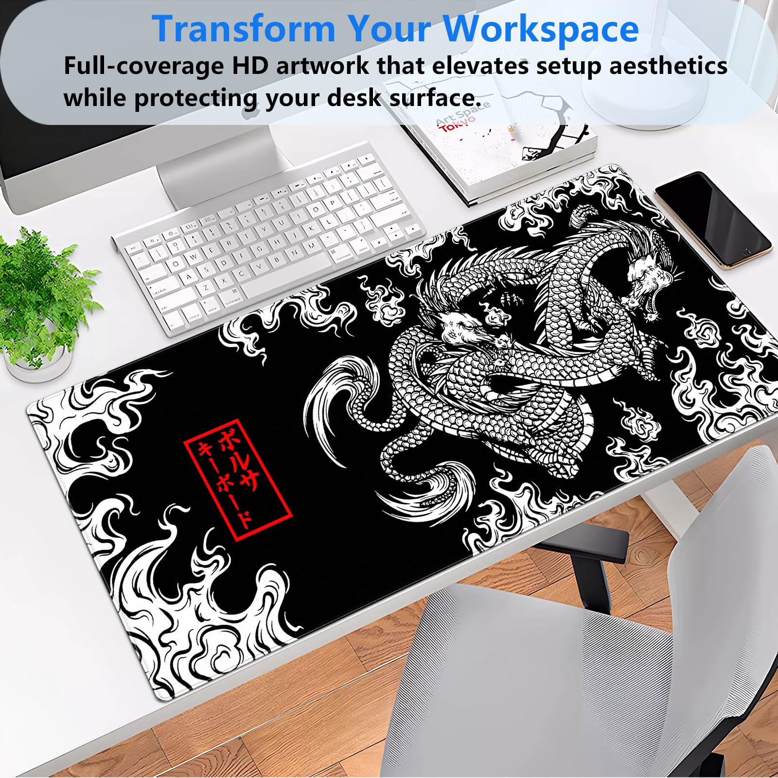 Cindasun Japanese Black White Dragon Desk Mat, XL Large Gaming Mouse Pad