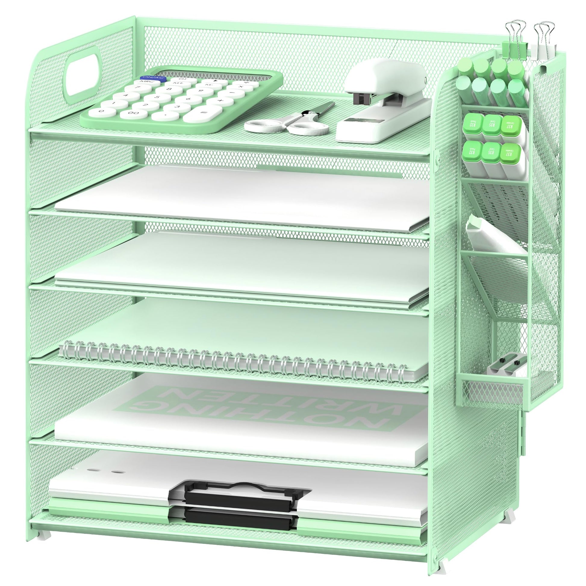 Supeasy 6 Tier Desk Organizer with 4 Pen Holders & Paper Trays Mint Green