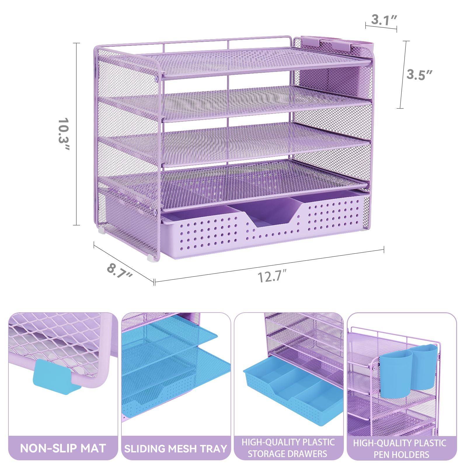 LEKETREE Desk Organizers and Accessories, 5-Tier Paper Letter Tray Organizer with Drawer & 2 Pen