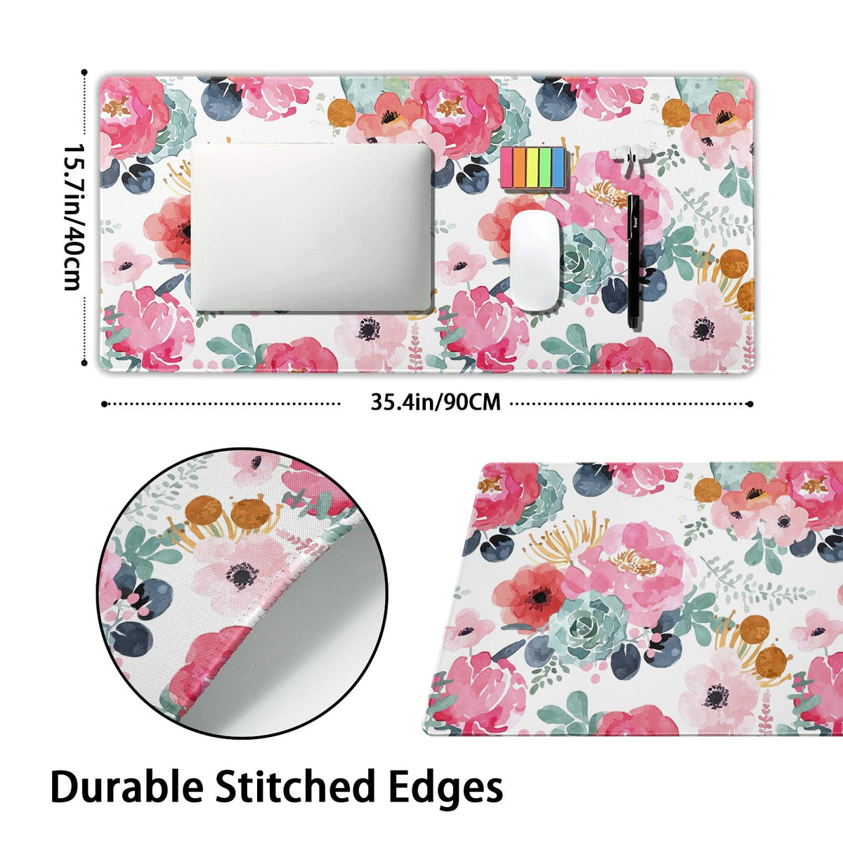 Pink Green Flowers Gaming Mouse Pad XXL Cute Watercolor Floral Pretty Extended Desk Pad Trendy