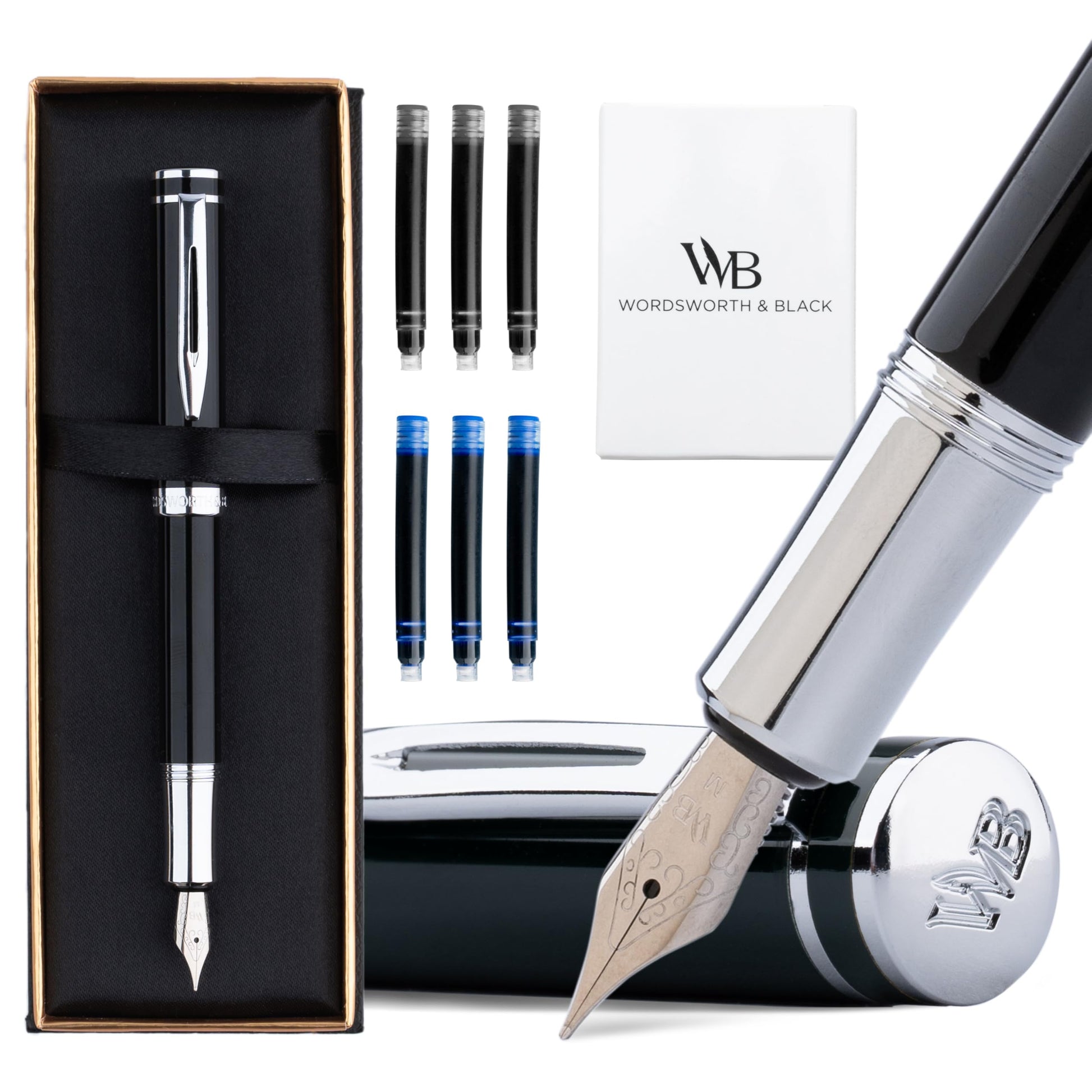 Wordsworth & Black Mini Pocket Fountain Pen for Writing, Medium Nib, Black