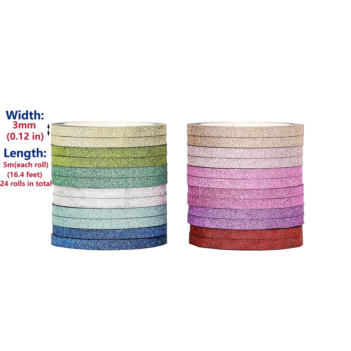YUKUNTANG Glitter Washi Tape Set, 24 Rolls, 3mm x 132 Yards, Metallic Foil Sparkle Decorative Craft