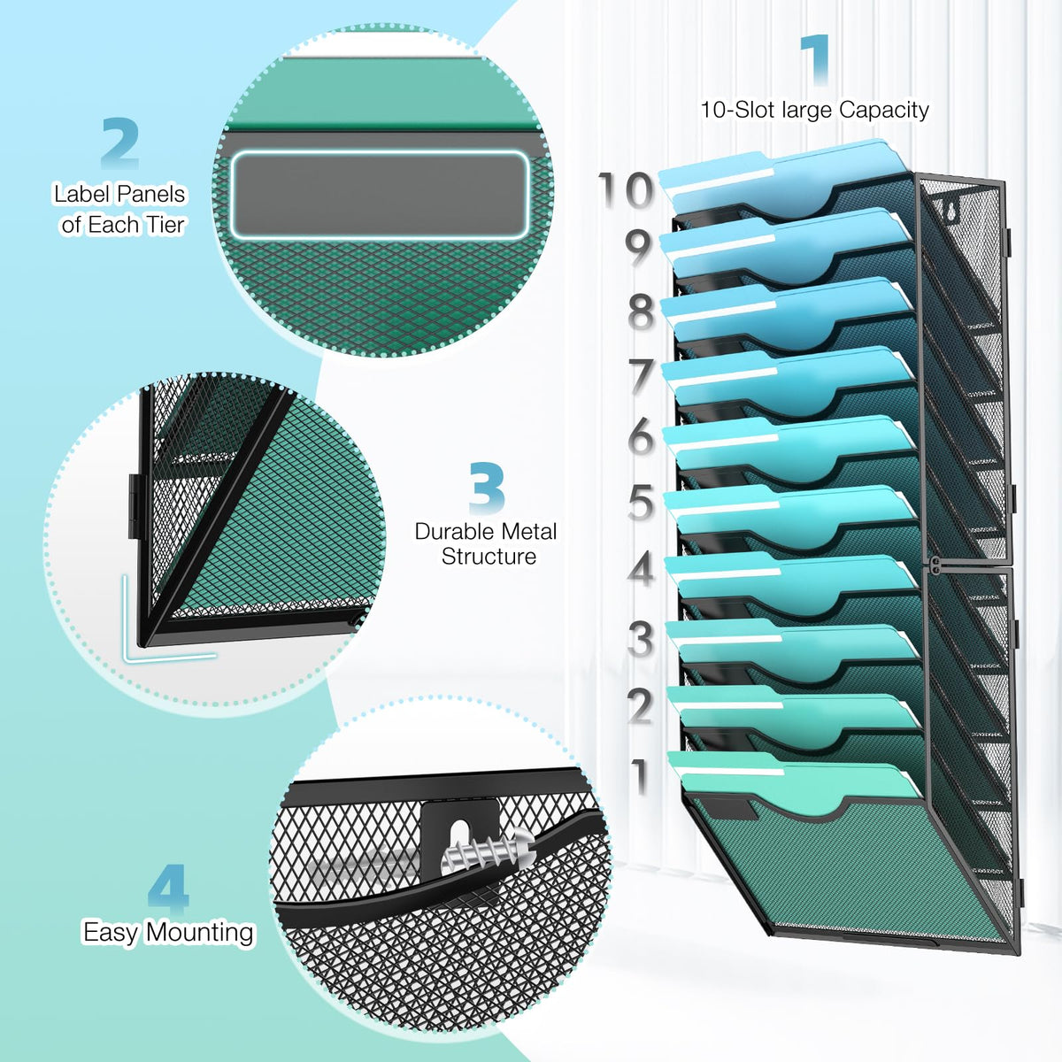 Gawerk 10-Tier Wall File Organizer Hanging Wall File Holder Wall Mount Paper Folder Organize, Mesh