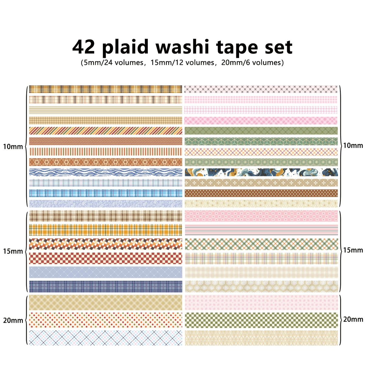 Washi Tape Set 42 Rolls Vintage Plaid Colored Decorative Scrapbook Tape
