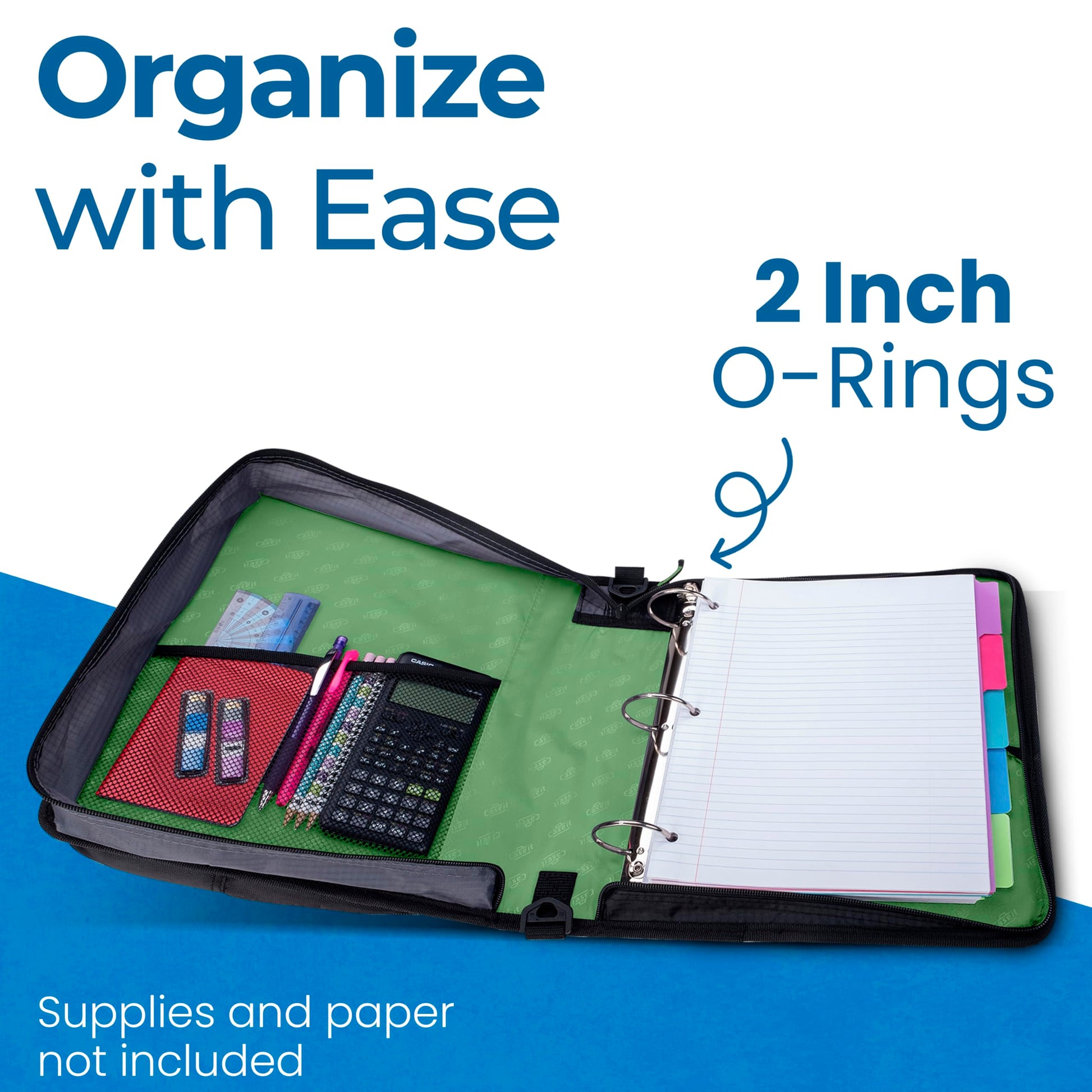 Case-it School Zipper Binder | 2" O-Rings | 400-Sheet | LT-007 Canopy Green