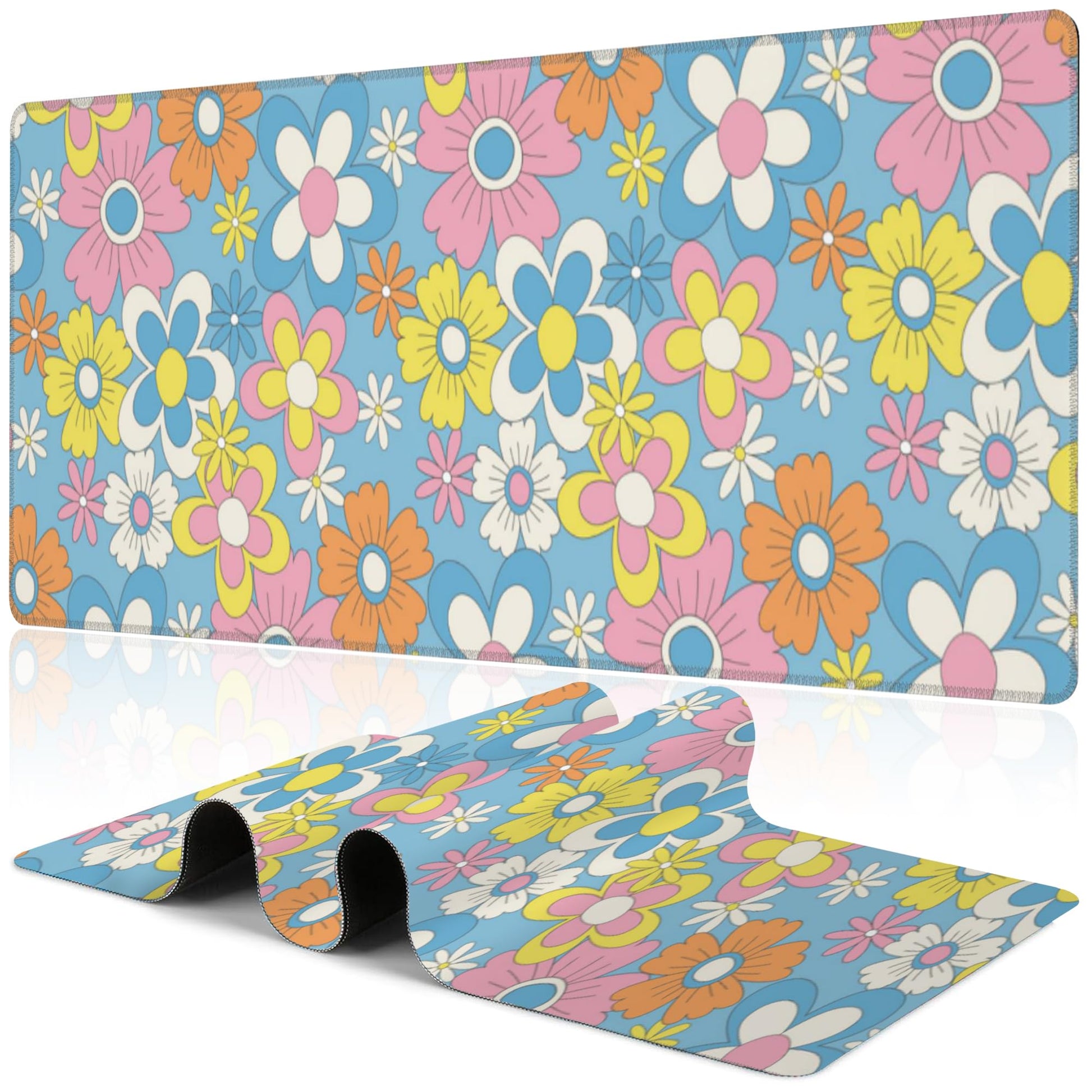 Colorful Retro Flowers Desk Mat,Large Cute Floral Gaming Keyboard Mouse Pad,Non-Slip Rubber Base