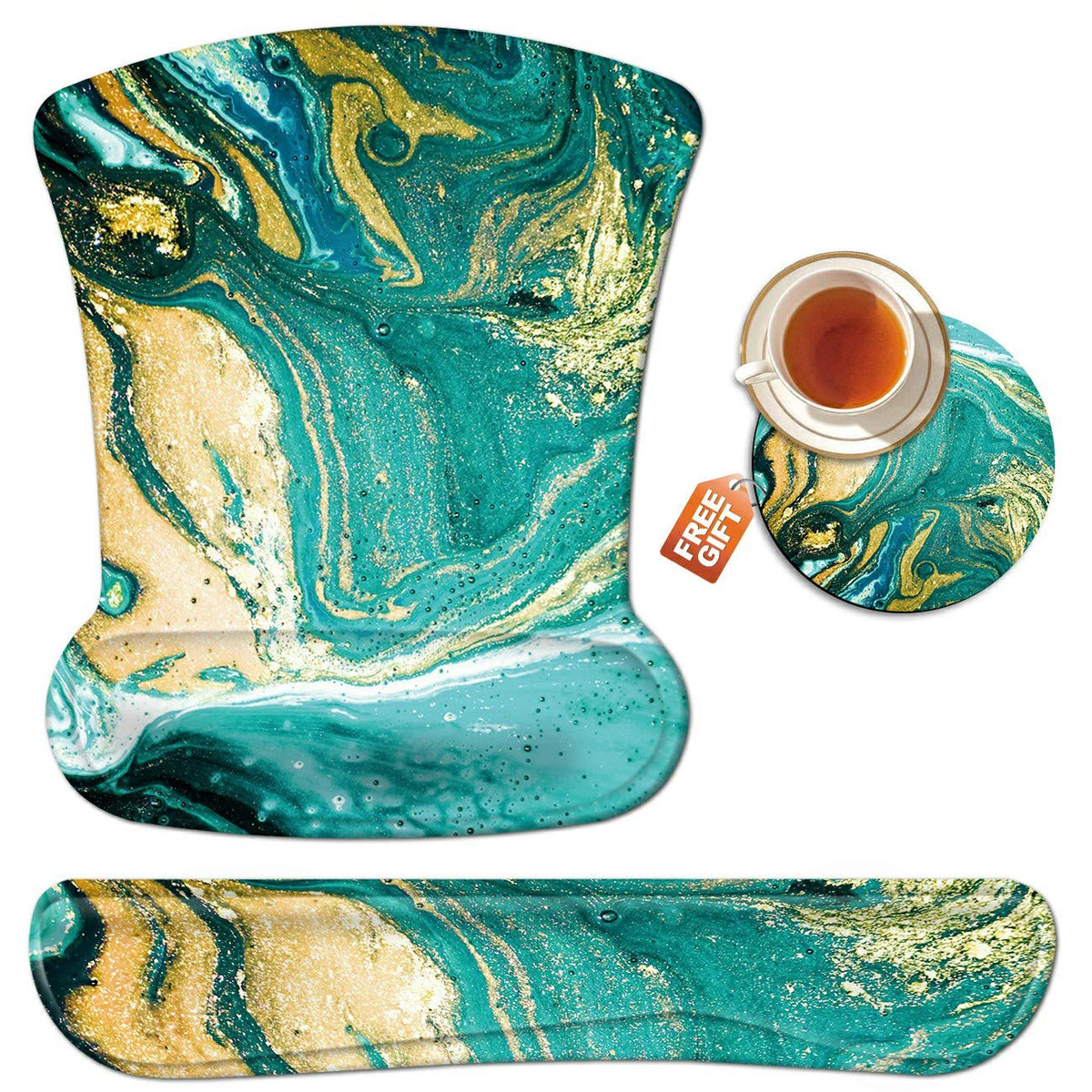 Wrist Rest for Computer Keyboard and Mouse Pad with Wrist Support Gel Teal Marble Ergonomic