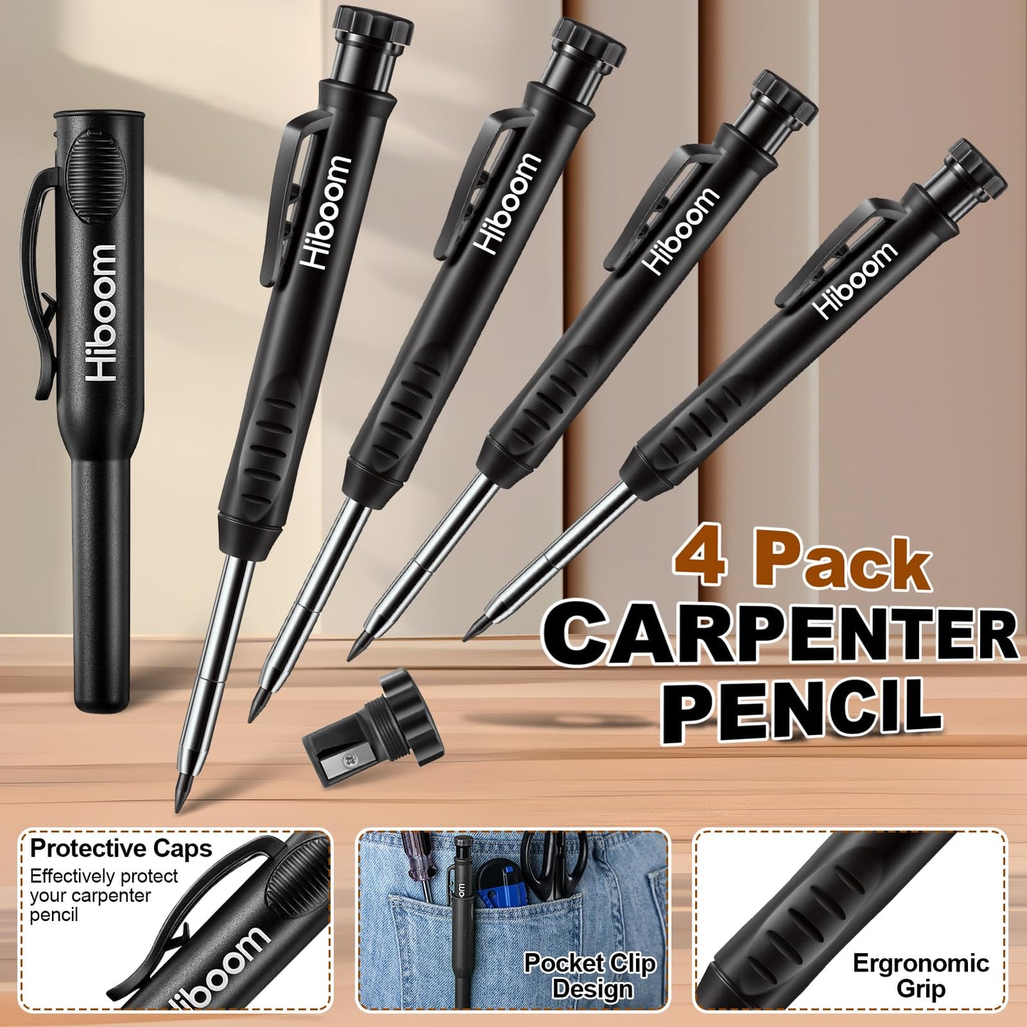 Hiboom 4 Pack Carpenter Pencil with 36 Refills Built In Sharpener (Black)