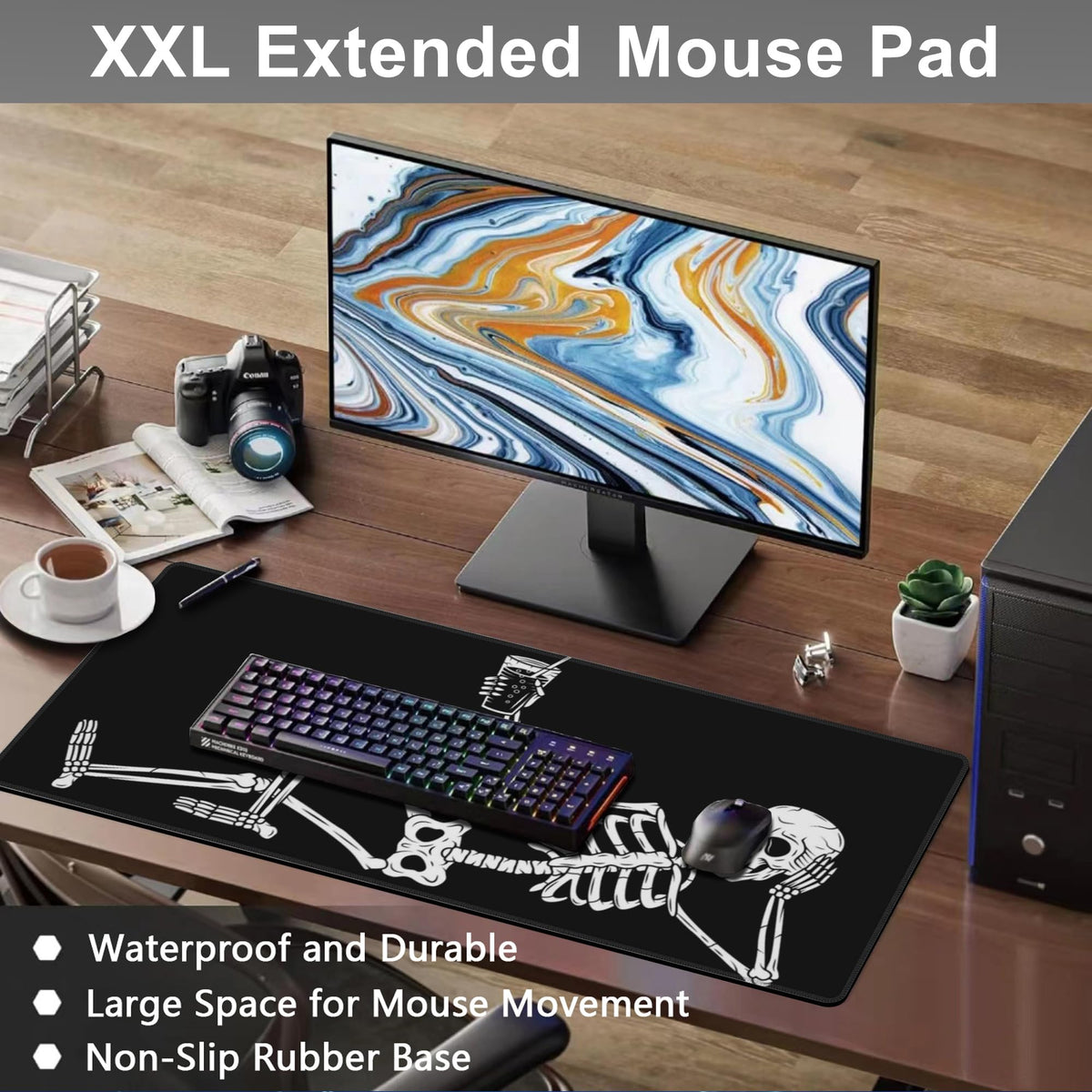 Mouse Pad, Large Skeleton with Cocktail Desk Mat, Extended Non-Slip Gaming Keyboard Mousepad Desk