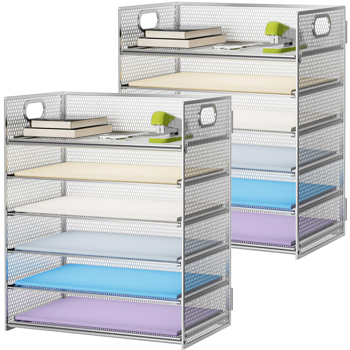 Marbrasse 2 Pack Desk Organizer with Handle, 6 Tier Paper Letter Tray, Mesh Desk File Organizer for