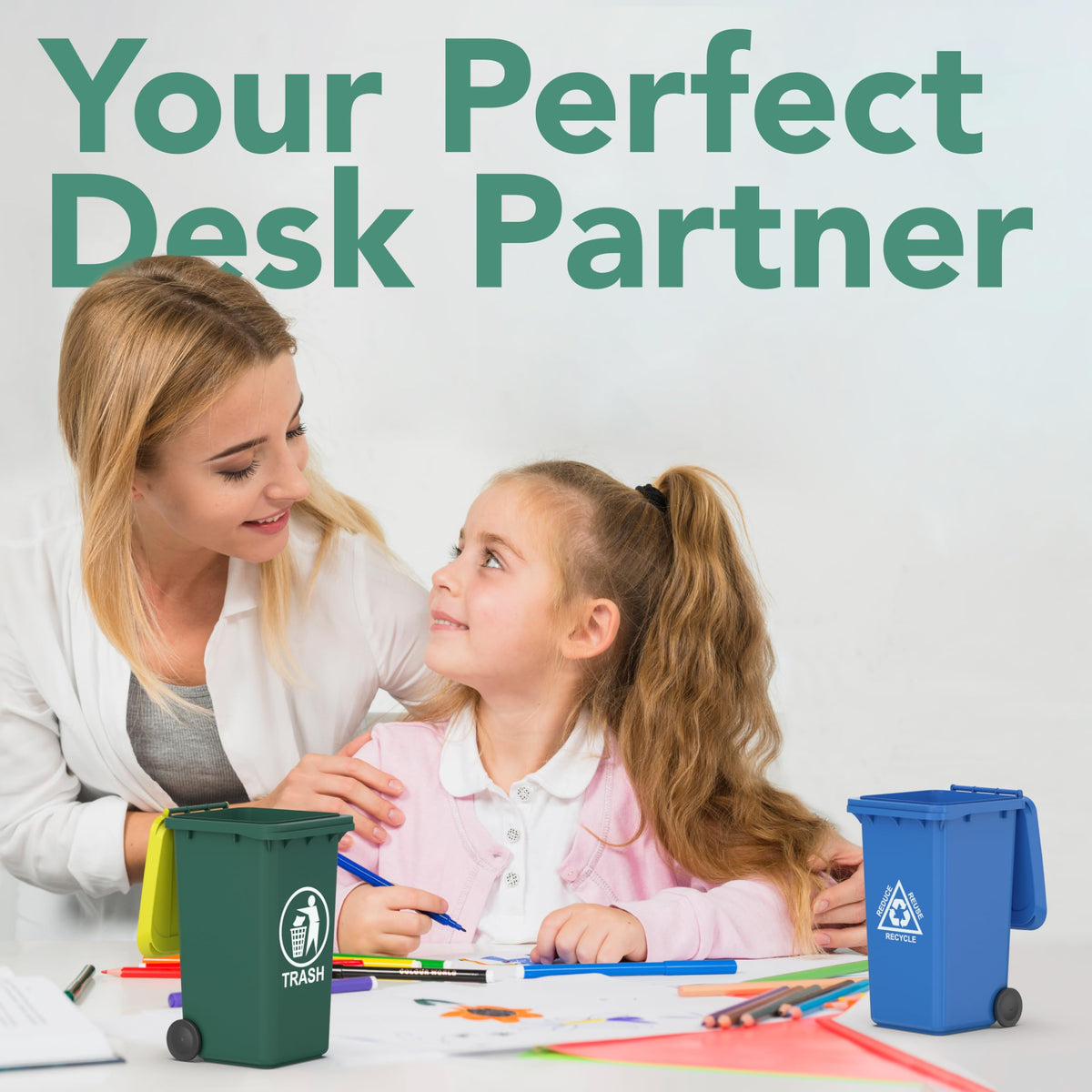 Wiosi Mini Garbage Trash Pen Holder for Desk | Tiny Recycle Bin Pencil Holder Green & Blue, Pack of