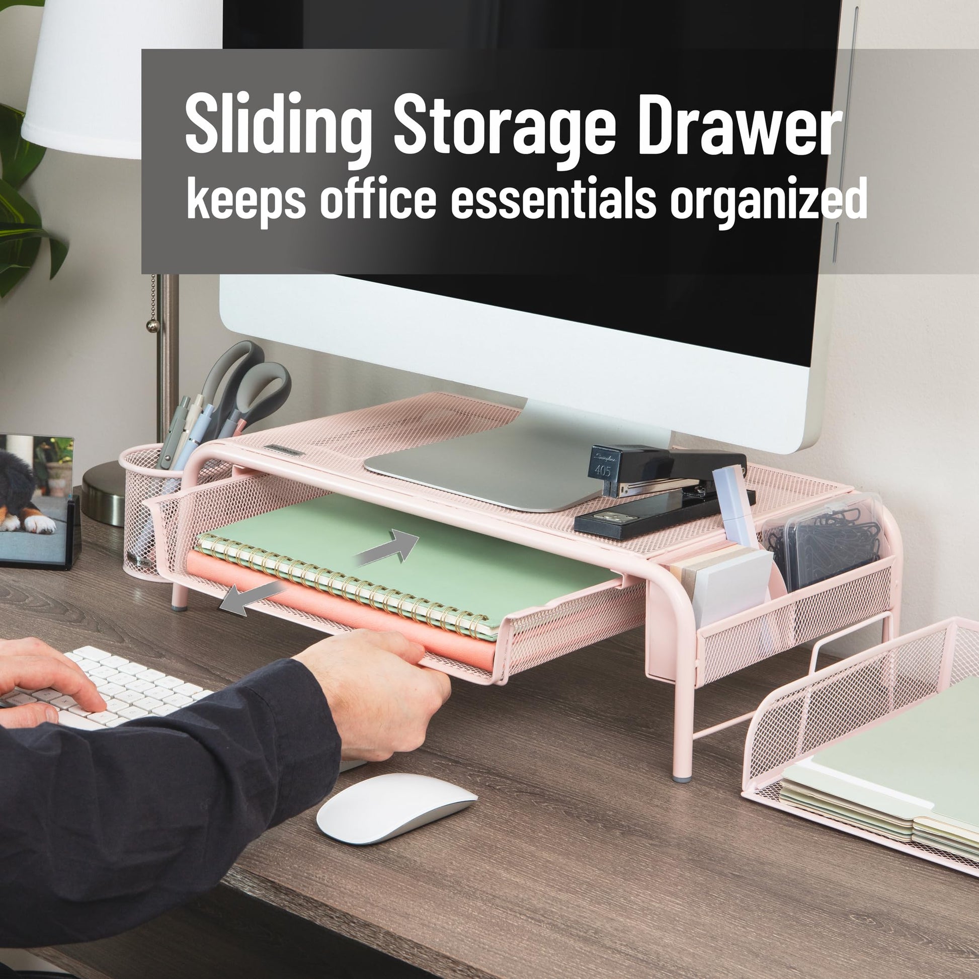 Mind Reader Monitor Stand, Ventilated Laptop Riser, Paper Tray, Storage, Office, Metal Mesh, 20"L x