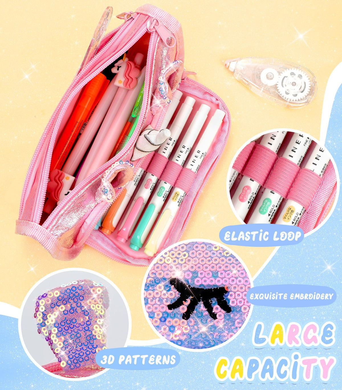 LISEVO Cute Pencil Case, 3D Pencil Pouch for Girls Kids, Sparkly Pencil Bag with Sequins for