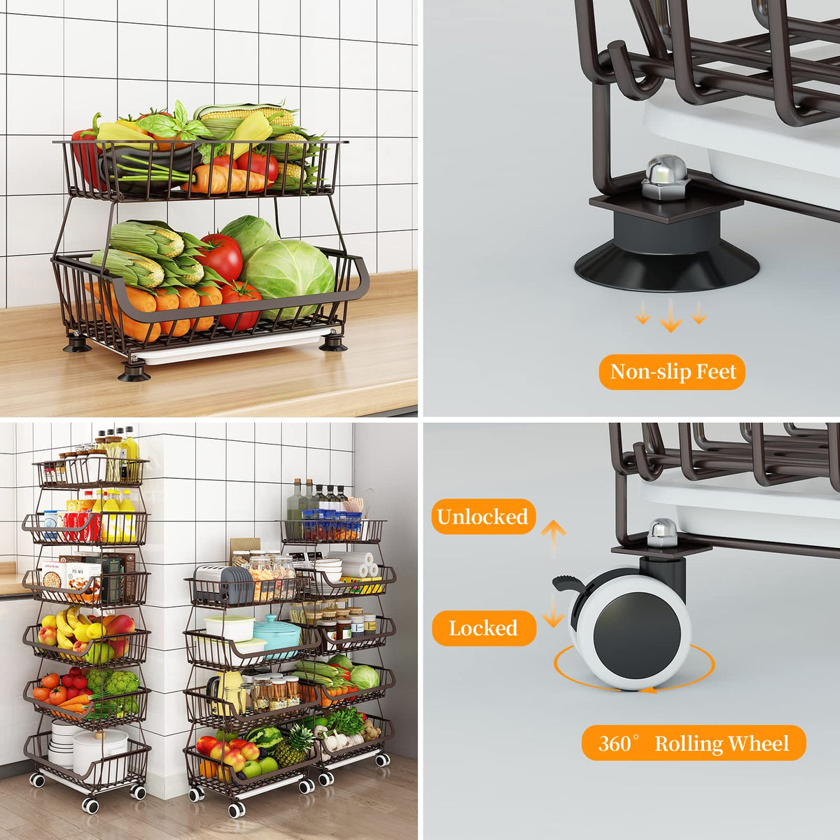Miyawell Fruit Vegetable Storage Basket for Kitchen - 4 Tier Stackable Metal Wire Baskets Cart with