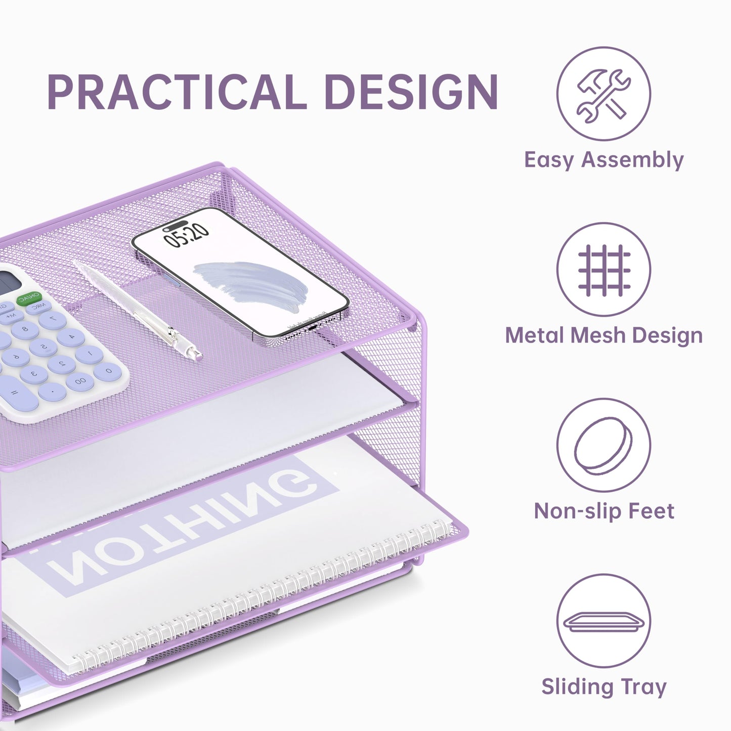 DALTACK 3 Tier Letter Tray Paper Organizer with Sliding Mesh Trays Purple