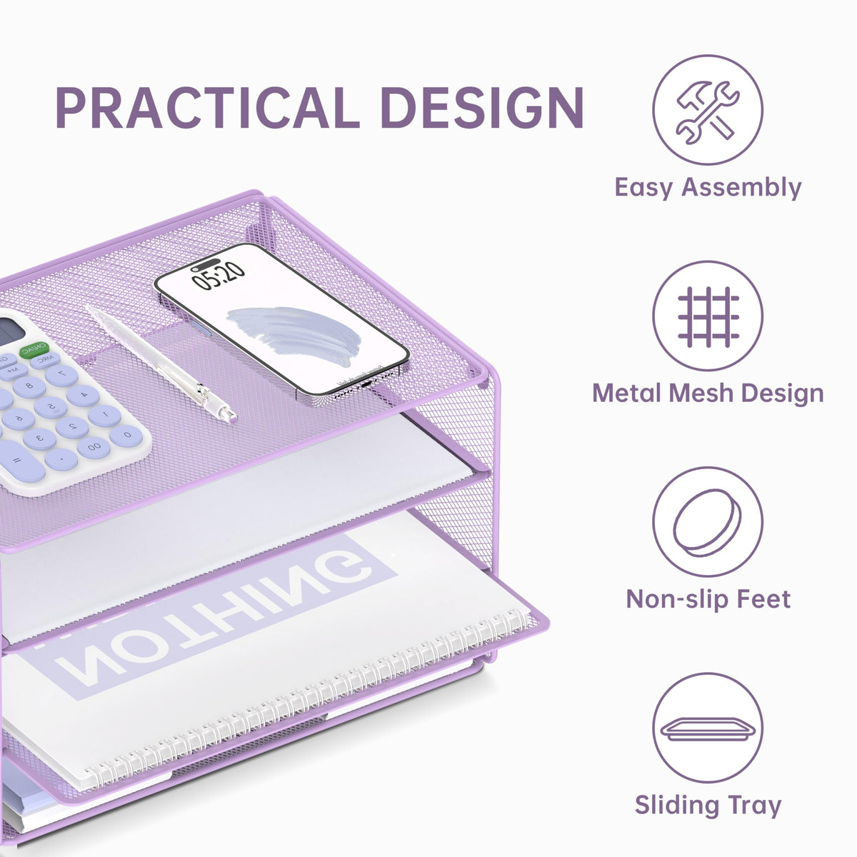 DALTACK 3 Tier Letter Tray Paper Organizer with Sliding Mesh Trays Purple