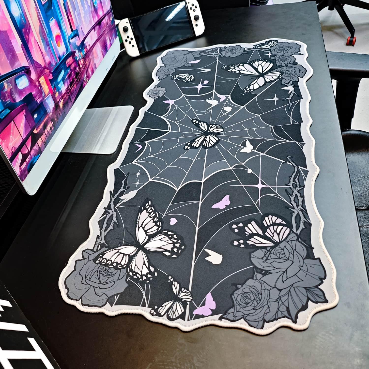 BelugaDesign Butterfly Desk Pad | Rose Spider Web Kawaii Cute Keyboard Gaming PC Laptop Mat | Large